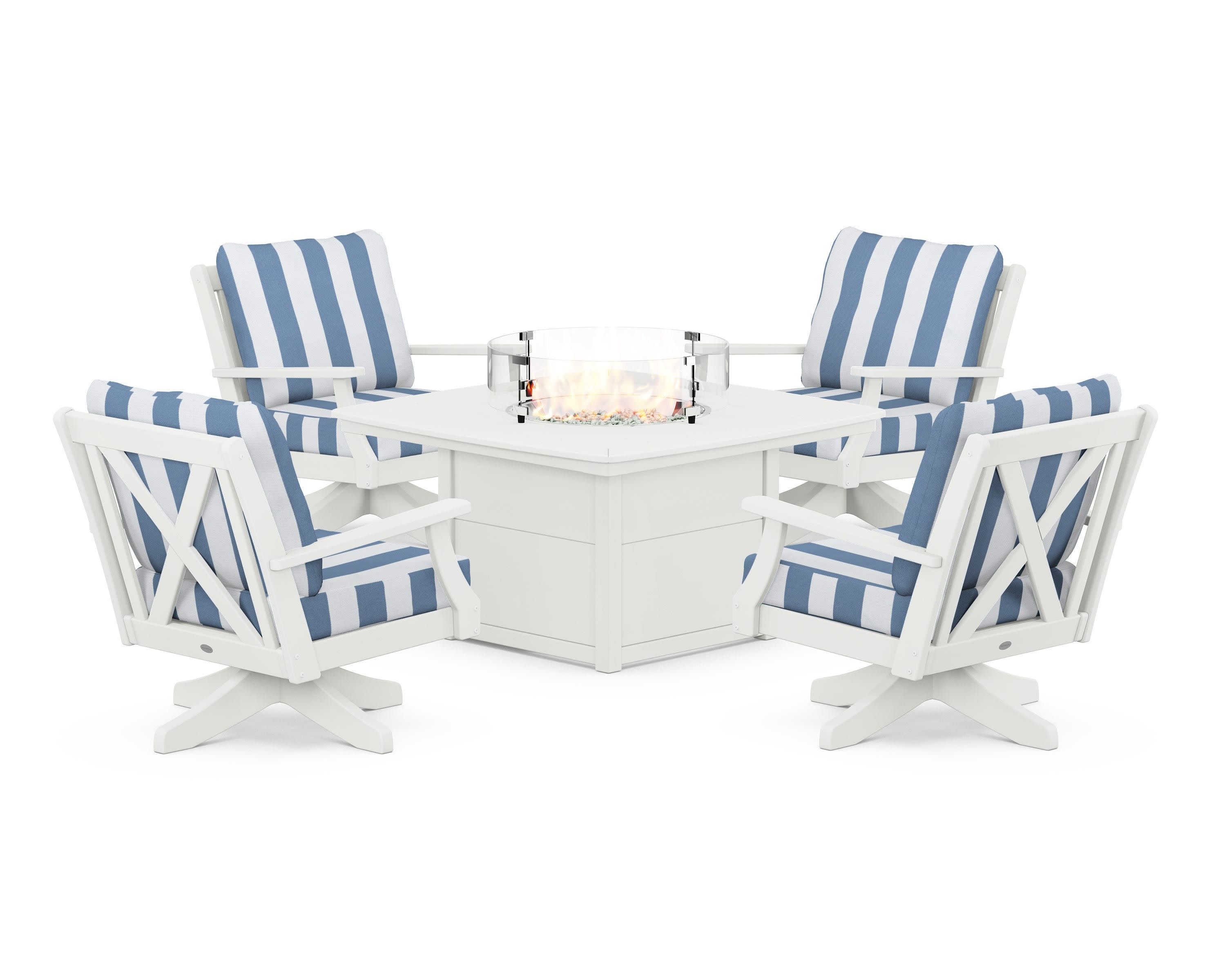 Braxton 5-Piece Deep Seating Swivel Conversation Set with Fire Pit Table in Vintage White / Cabana Stripe Sky Blue