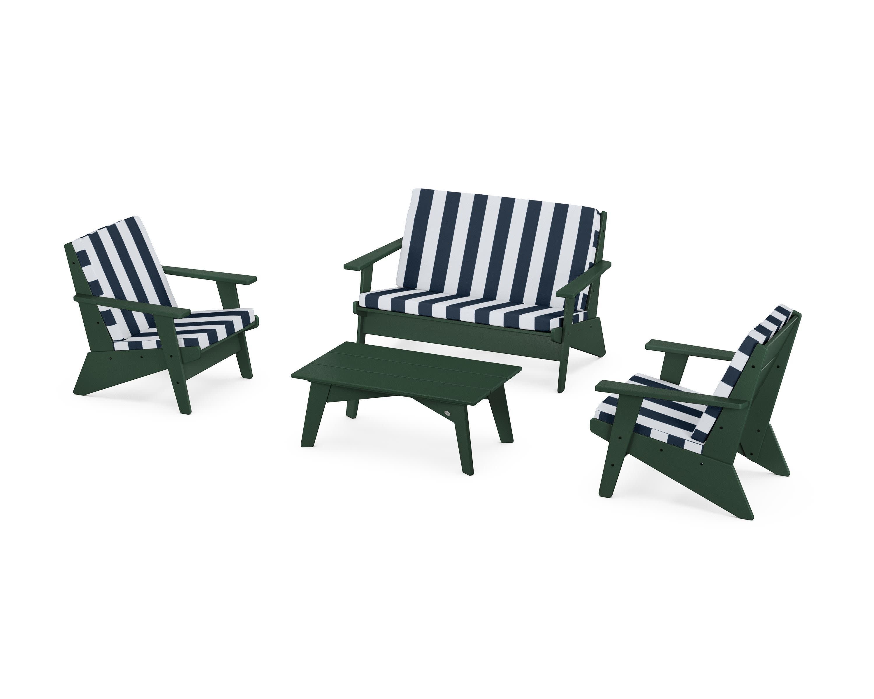 Riviera Modern Lounge 4-Piece Set in Green / Cabana Stripe Marine Indigo