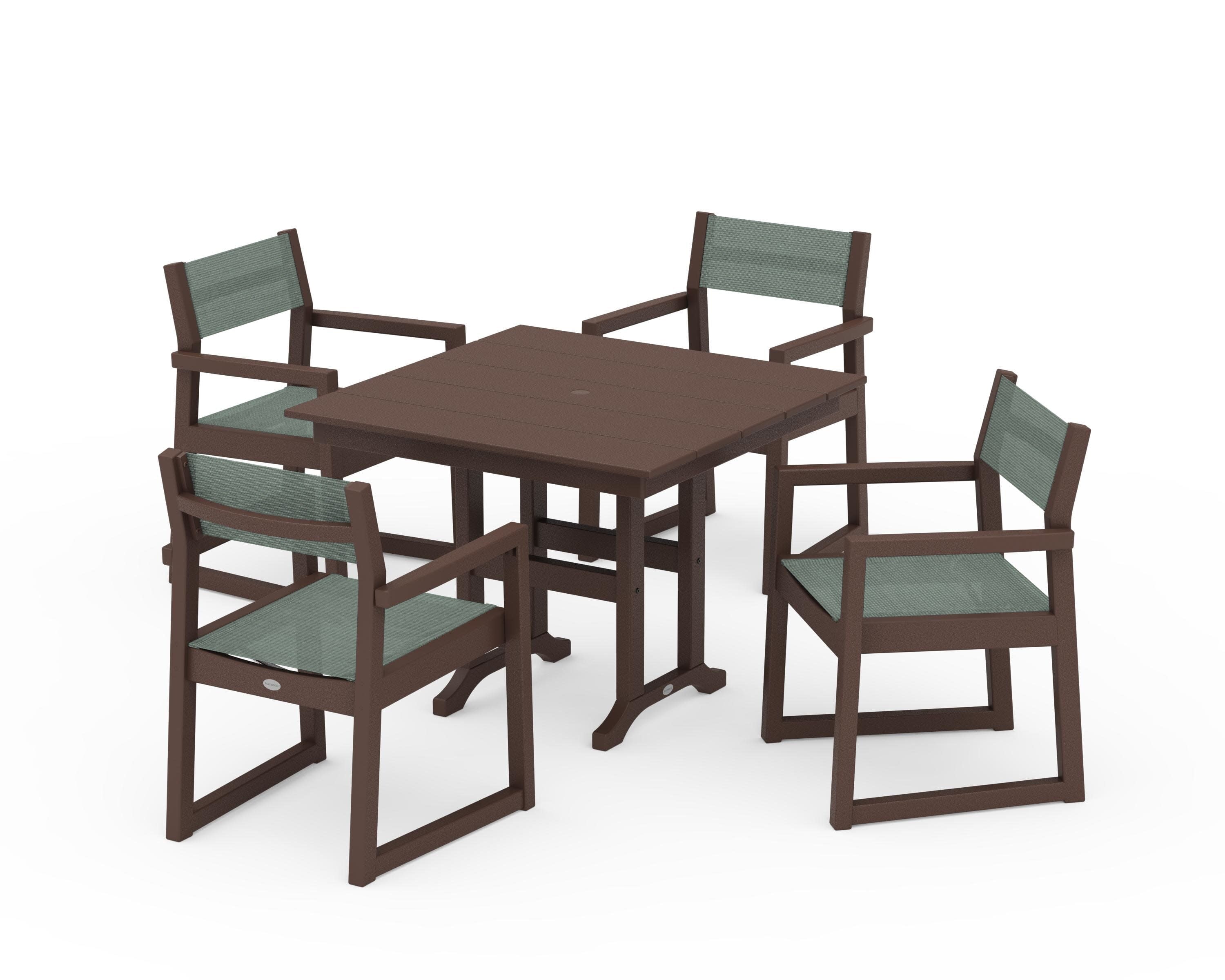 EDGE Sling Arm Chair 5-Piece Farmhouse Dining Set in Mahogany / Dupioni Sea Mist Sling