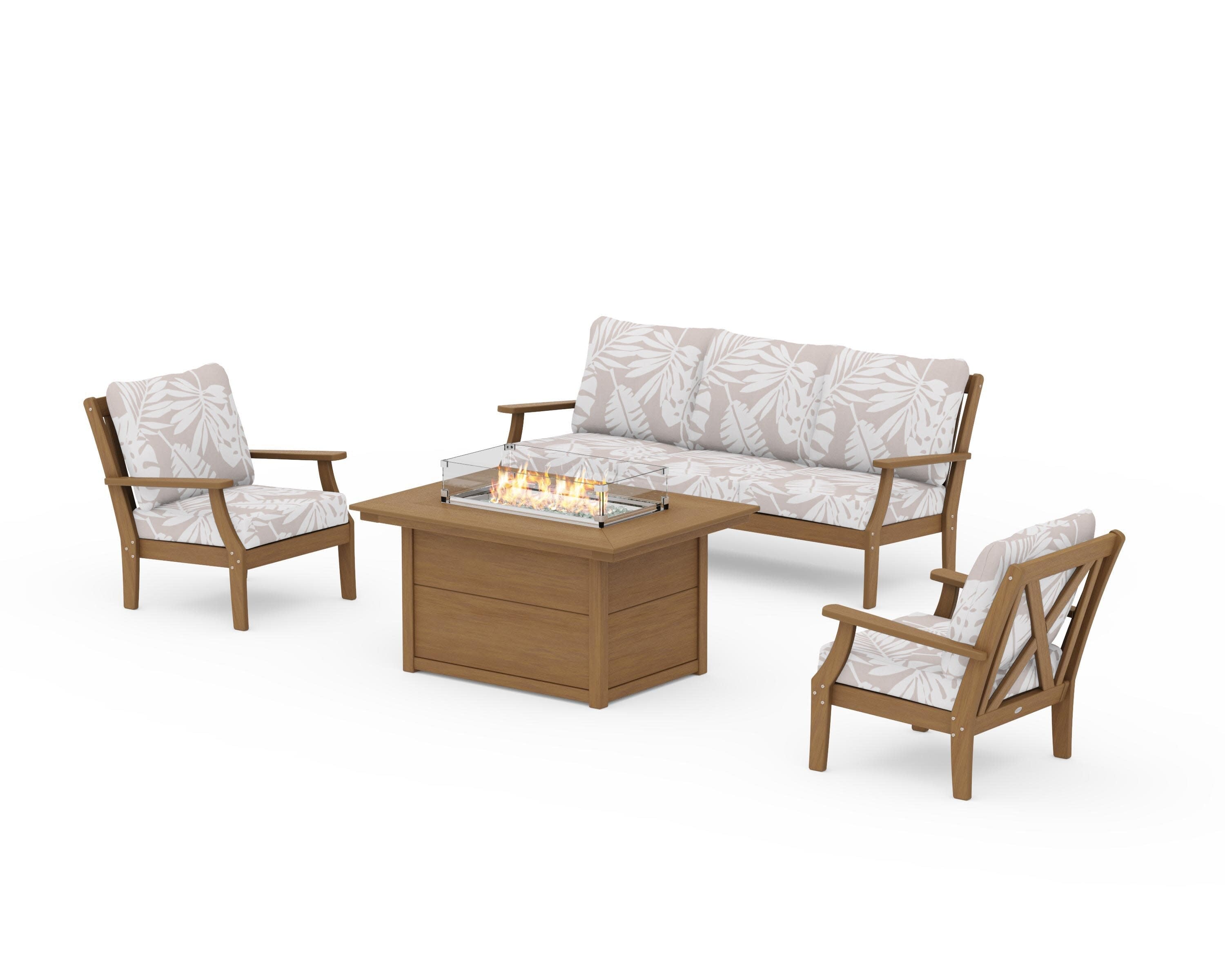 Braxton Deep Seating Fire Pit Table Set in Natural / Leaf Dune Burlap