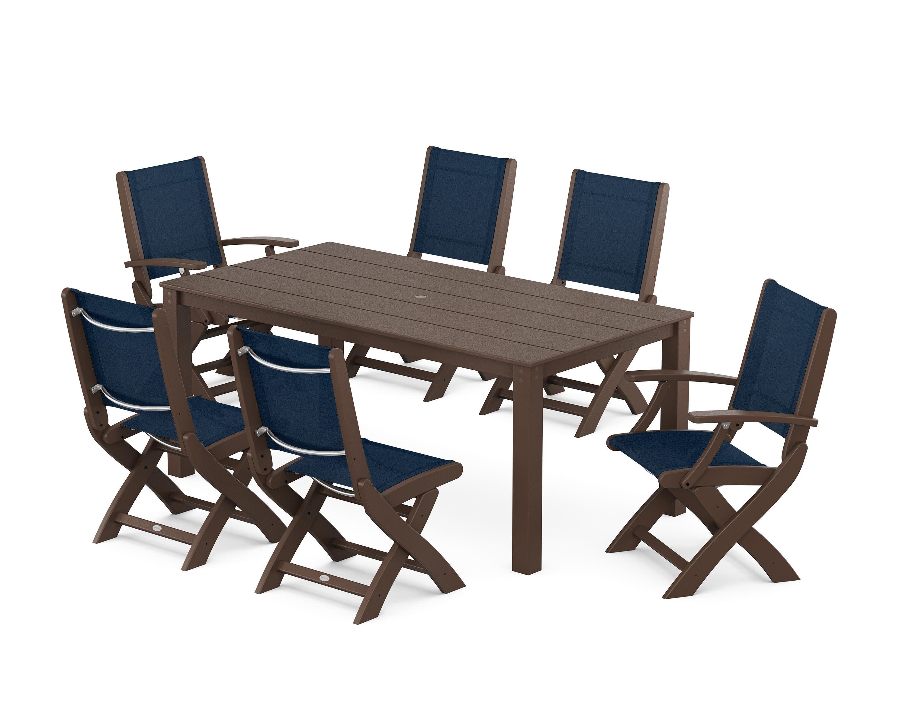 Coastal Folding Chair 7-Piece Parsons Dining Set in Mahogany / Navy Blue Sling