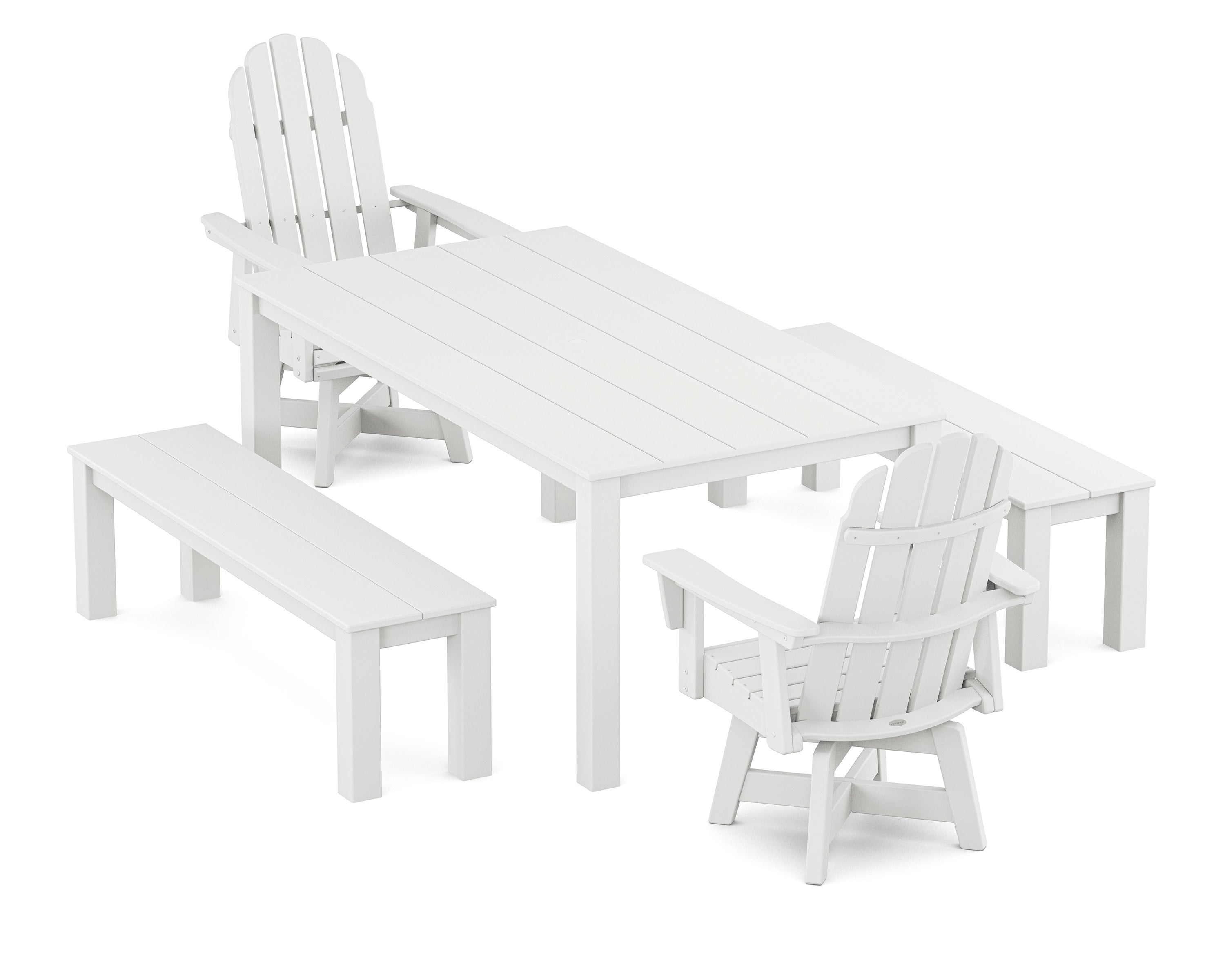 Vineyard Curveback Adirondack 5-Piece Parsons Swivel Dining Set with Benches in White