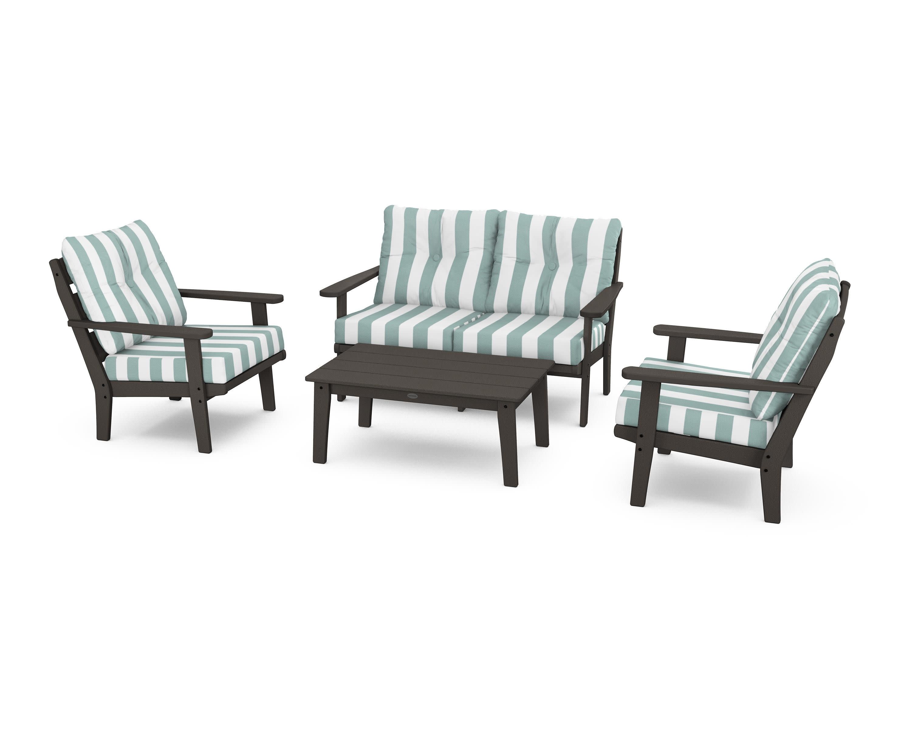 Lakeside 4-Piece Deep Seating Set in Vintage Coffee / Cabana Stripe Glacier Spa