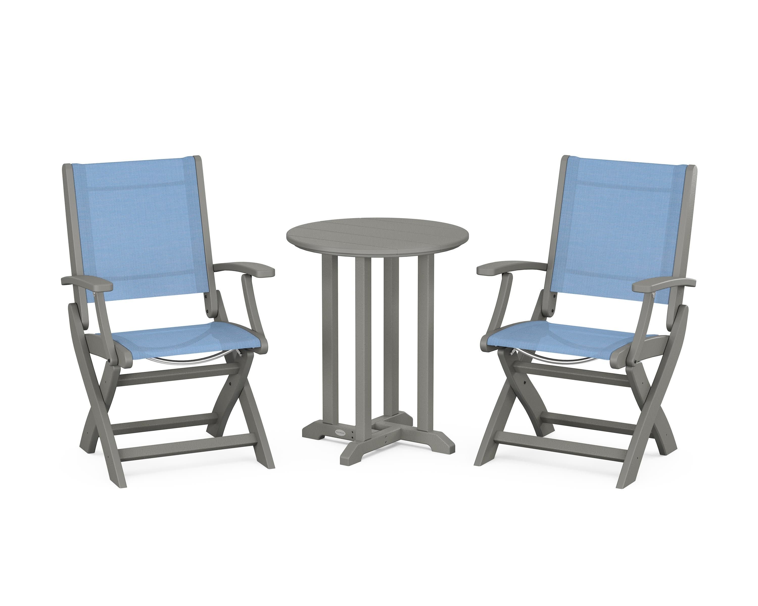 Coastal Folding 3-Piece Round Bistro Dining Set in Slate Grey / Poolside Sling