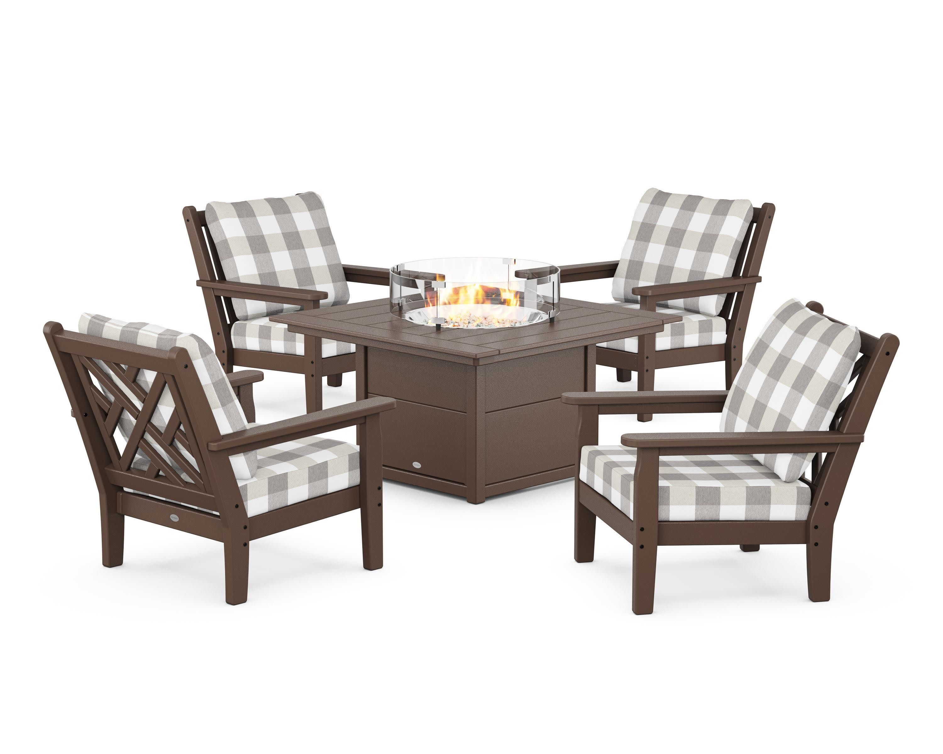 Chippendale 5-Piece Deep Seating Set with Fire Pit Table in Mahogany / Buffalo Plaid Grey Mist