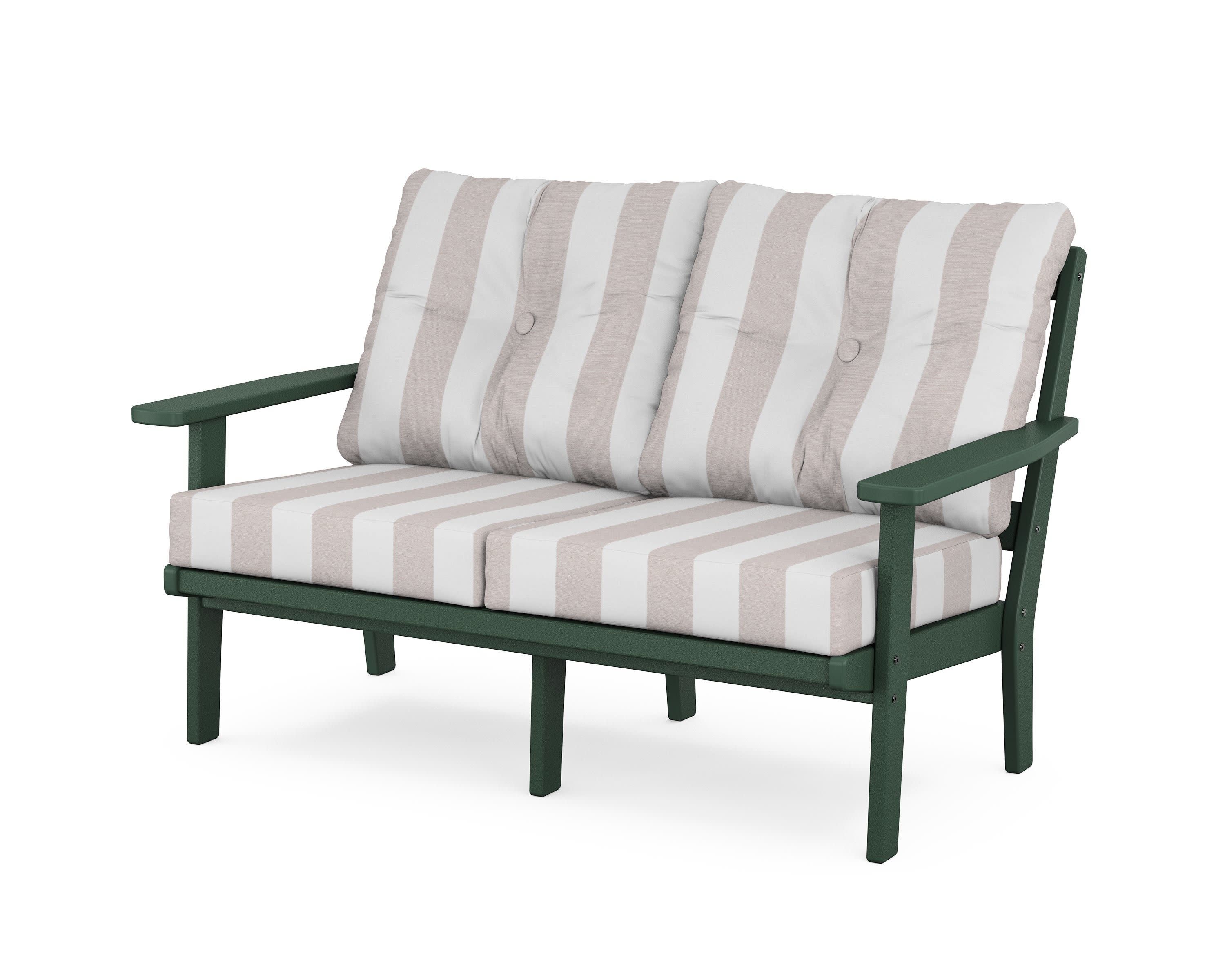 Prairie Deep SeatingLoveseat in Green / Cabana Stripe Dune Burlap