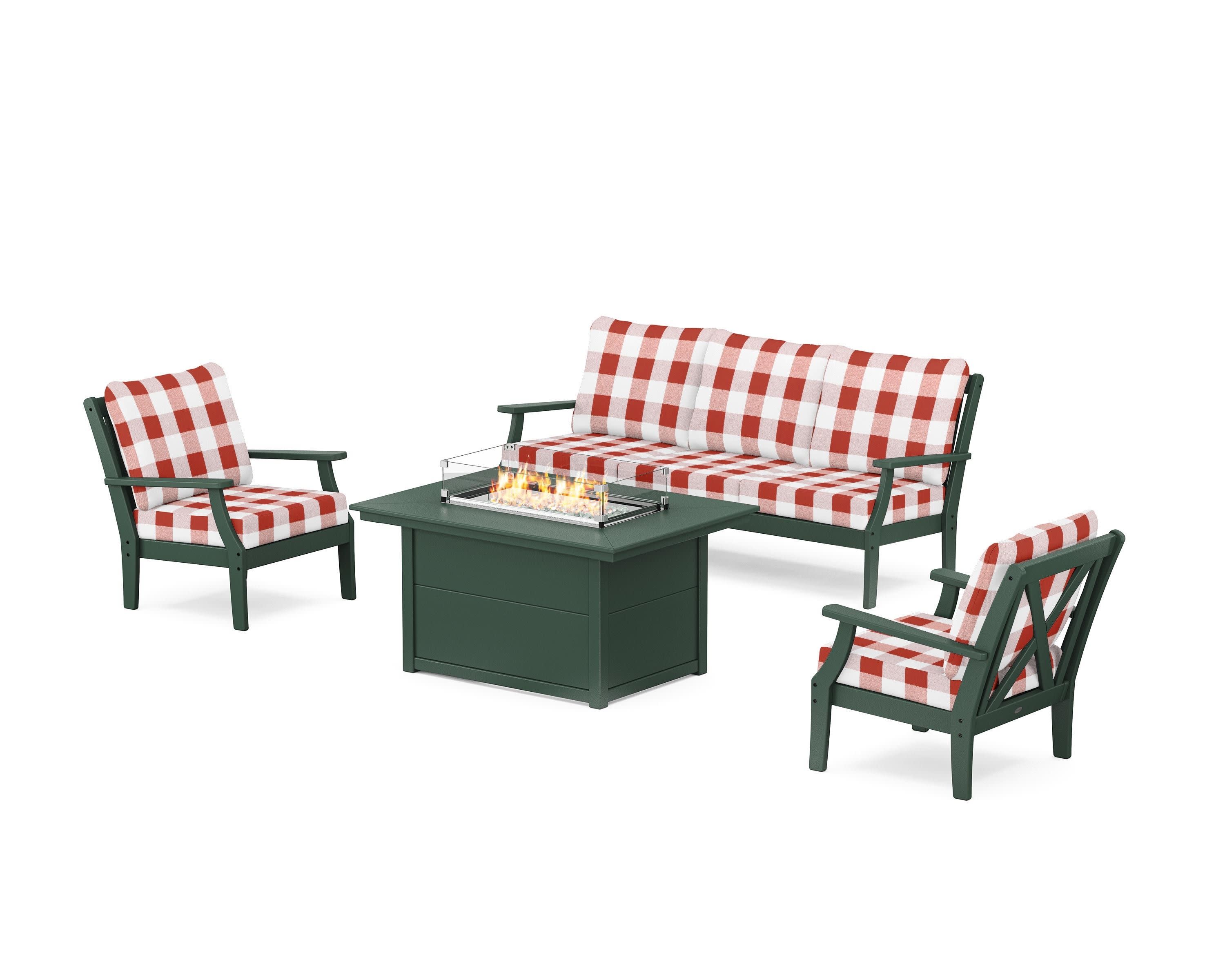 Braxton Deep Seating Fire Pit Table Set in Green / Buffalo Plaid Crimson