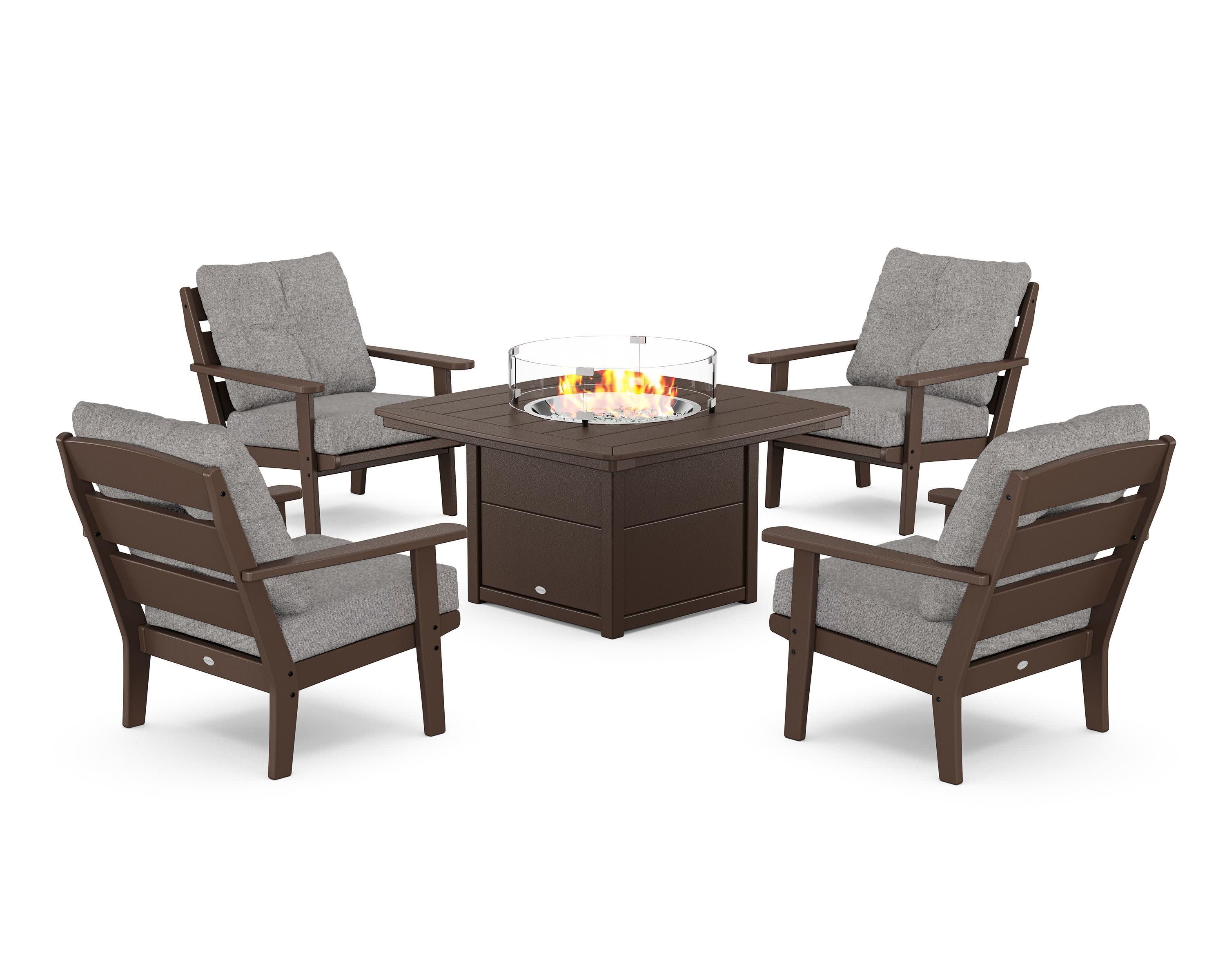 Lakeside 5-Piece Deep Seating Set with Nautical Fire Pit Table in Mahogany / Grey Mist