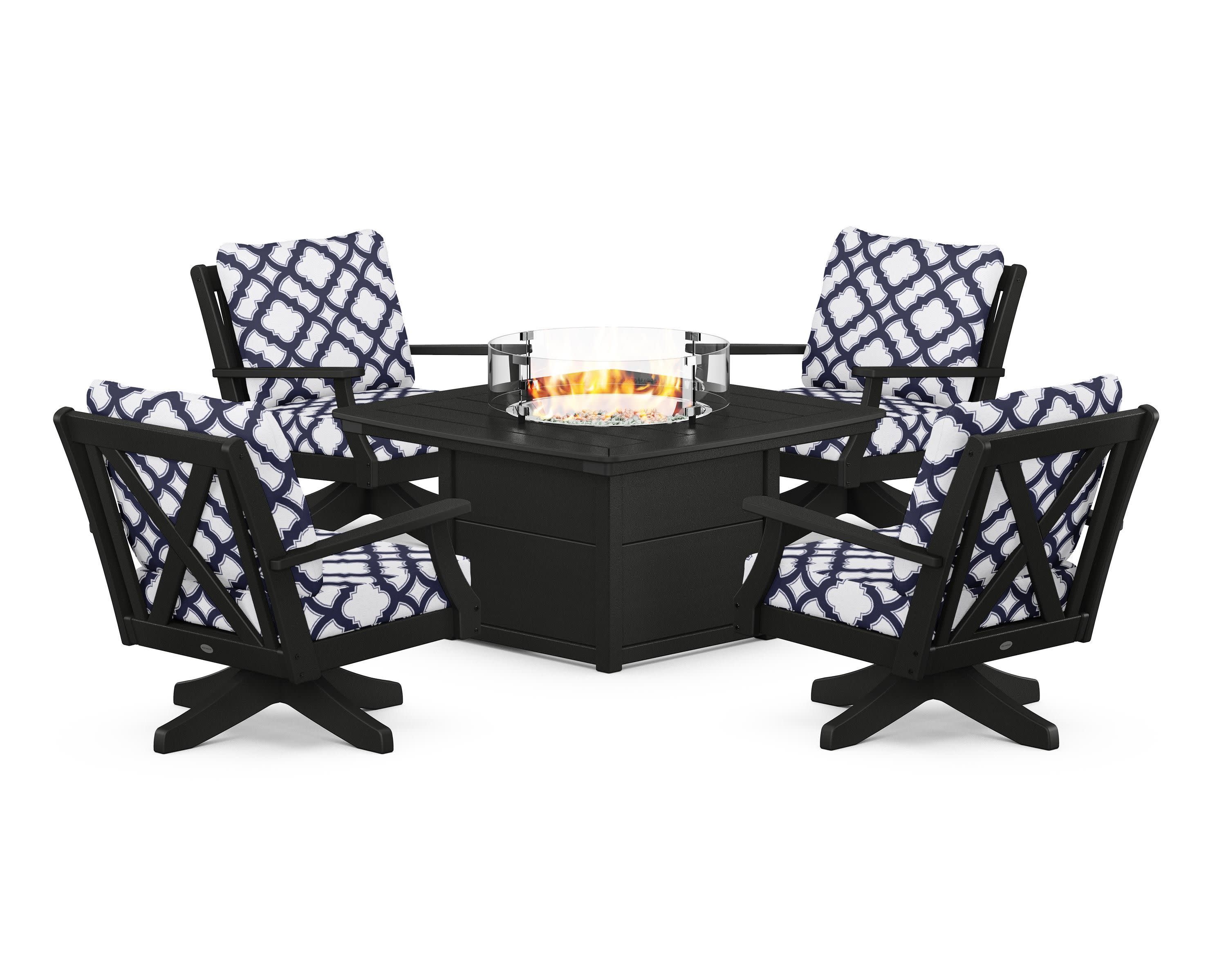 Braxton 5-Piece Deep Seating Swivel Conversation Set with Fire Pit Table in Black / Trellis Navy