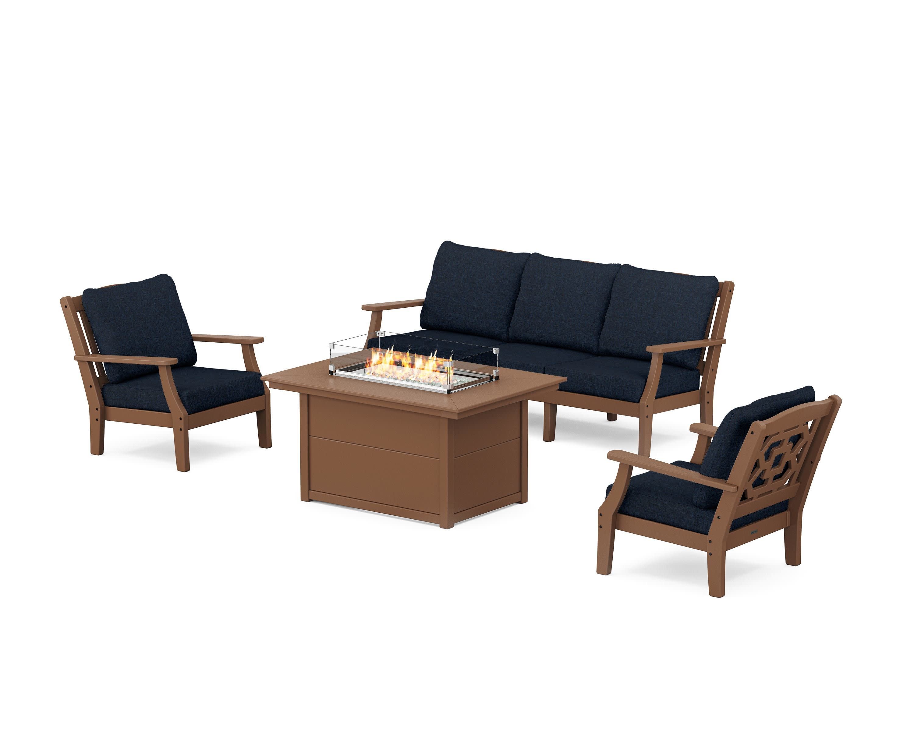 Chinoiserie Deep Seating Fire Pit Table Set in Teak / Marine Indigo