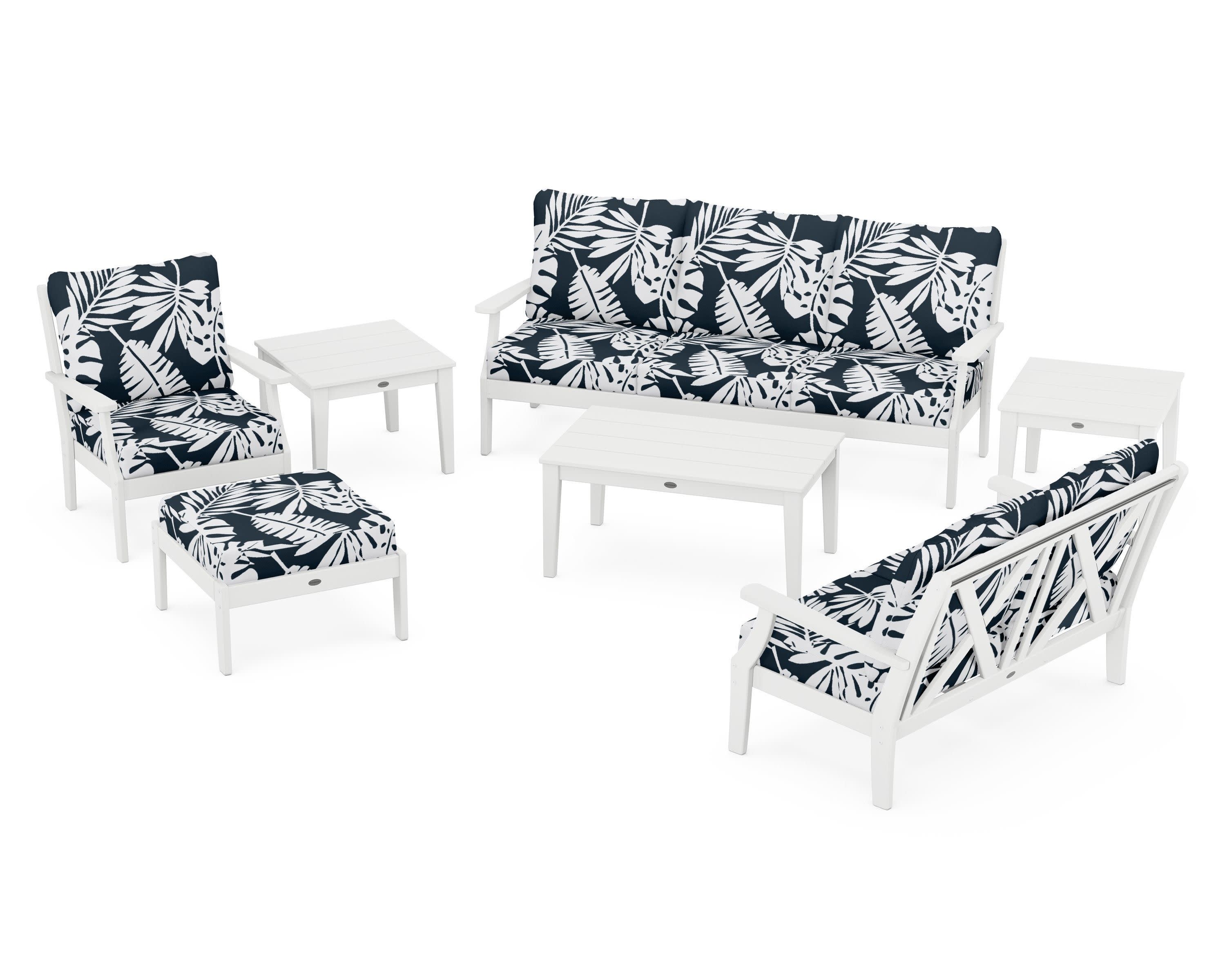Braxton 7-Piece Deep Seating Set in White / Leaf Marine Indigo