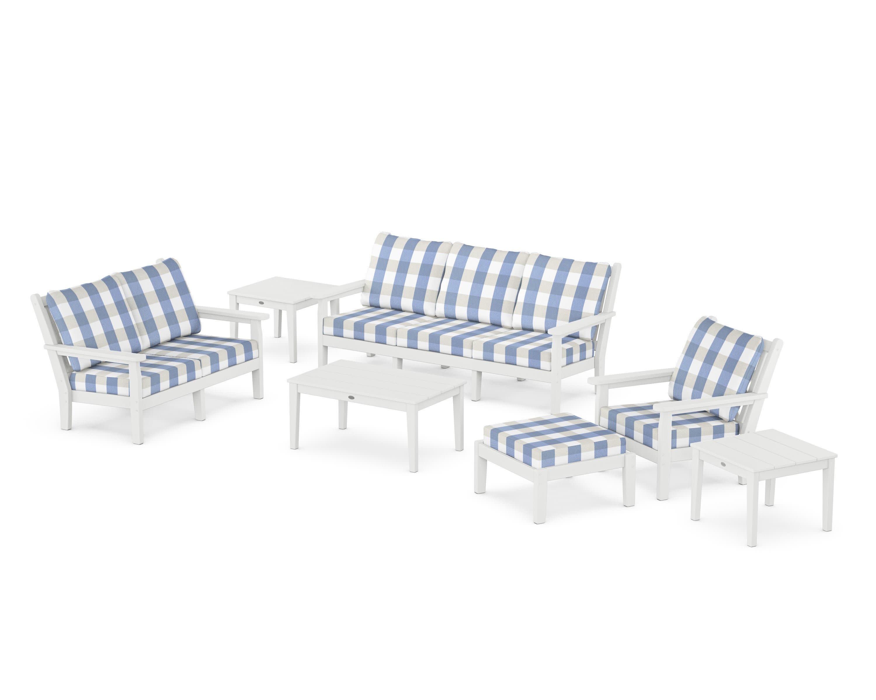 Chippendale 7-Piece Deep Seating Set in White / Buffalo Plaid Sky Blue