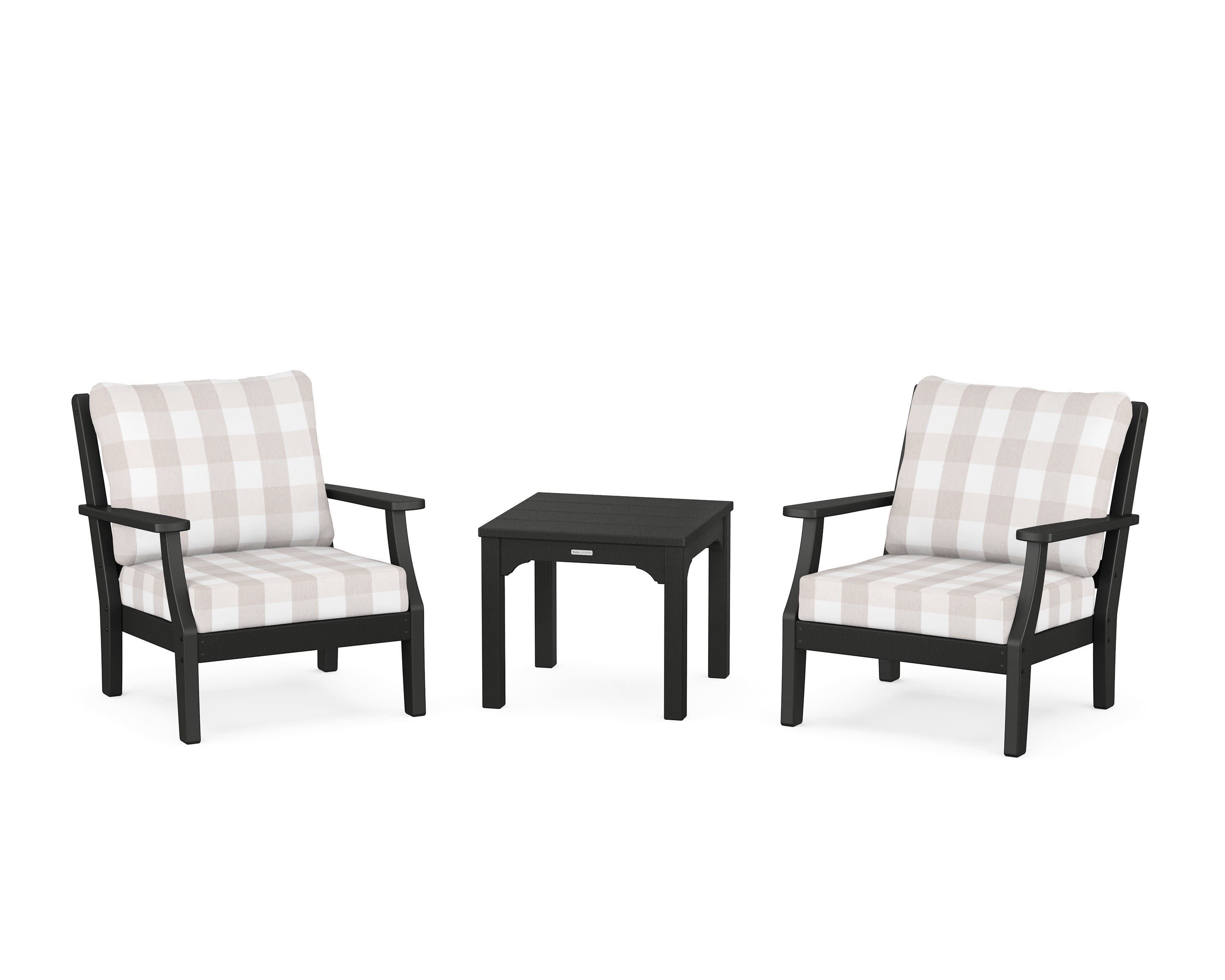 Chinoiserie 3-Piece Deep Seating Set in Black / Buffalo Plaid Dune Burlap