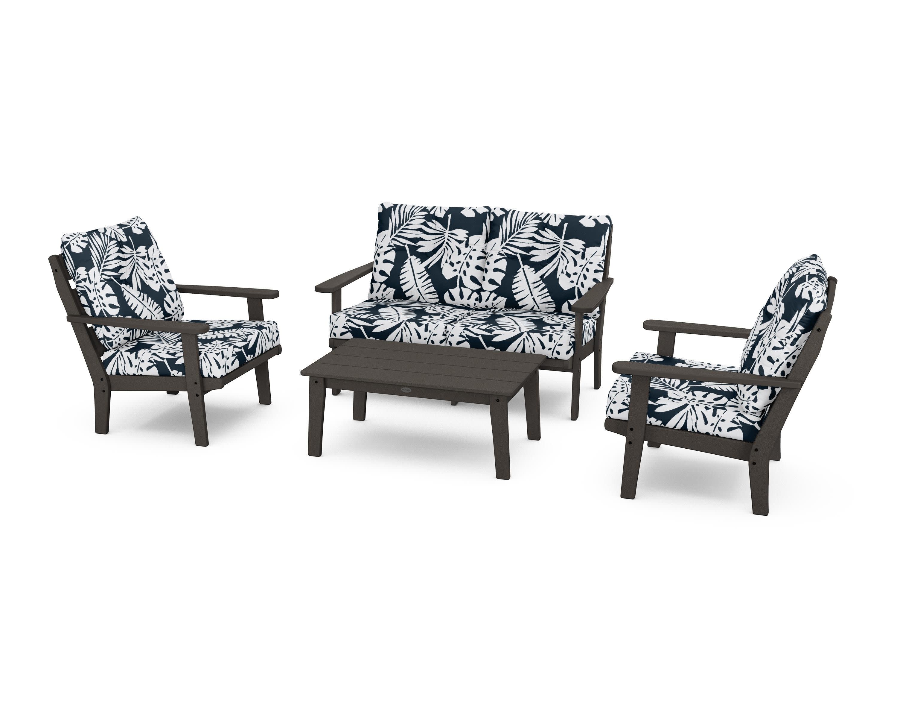 Lakeside 4-Piece Deep Seating Set in Vintage Coffee / Leaf Marine Indigo