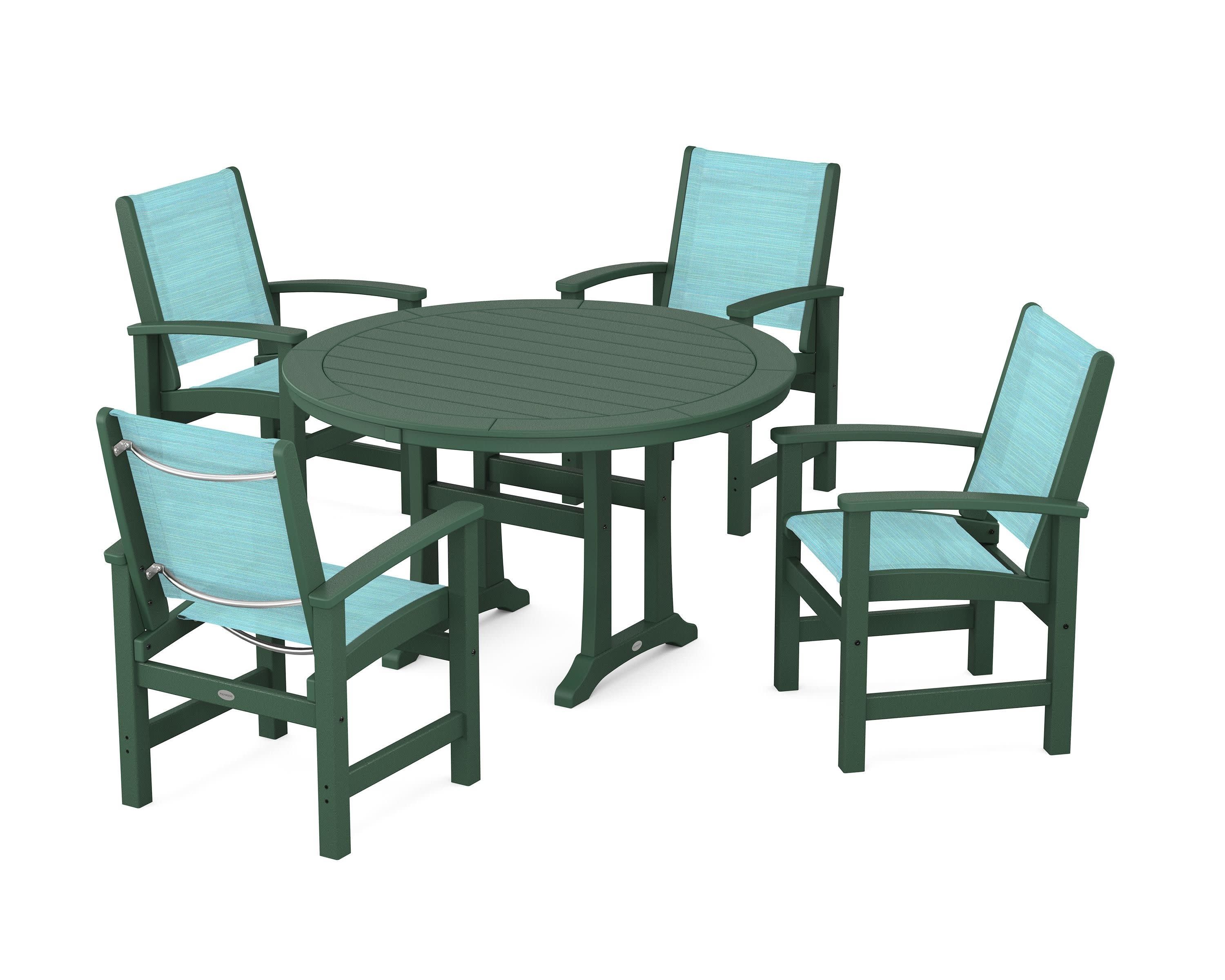 Coastal 5-Piece Round Dining Set with Trestle Legs in Green / Dupioni Aquamarine Sling