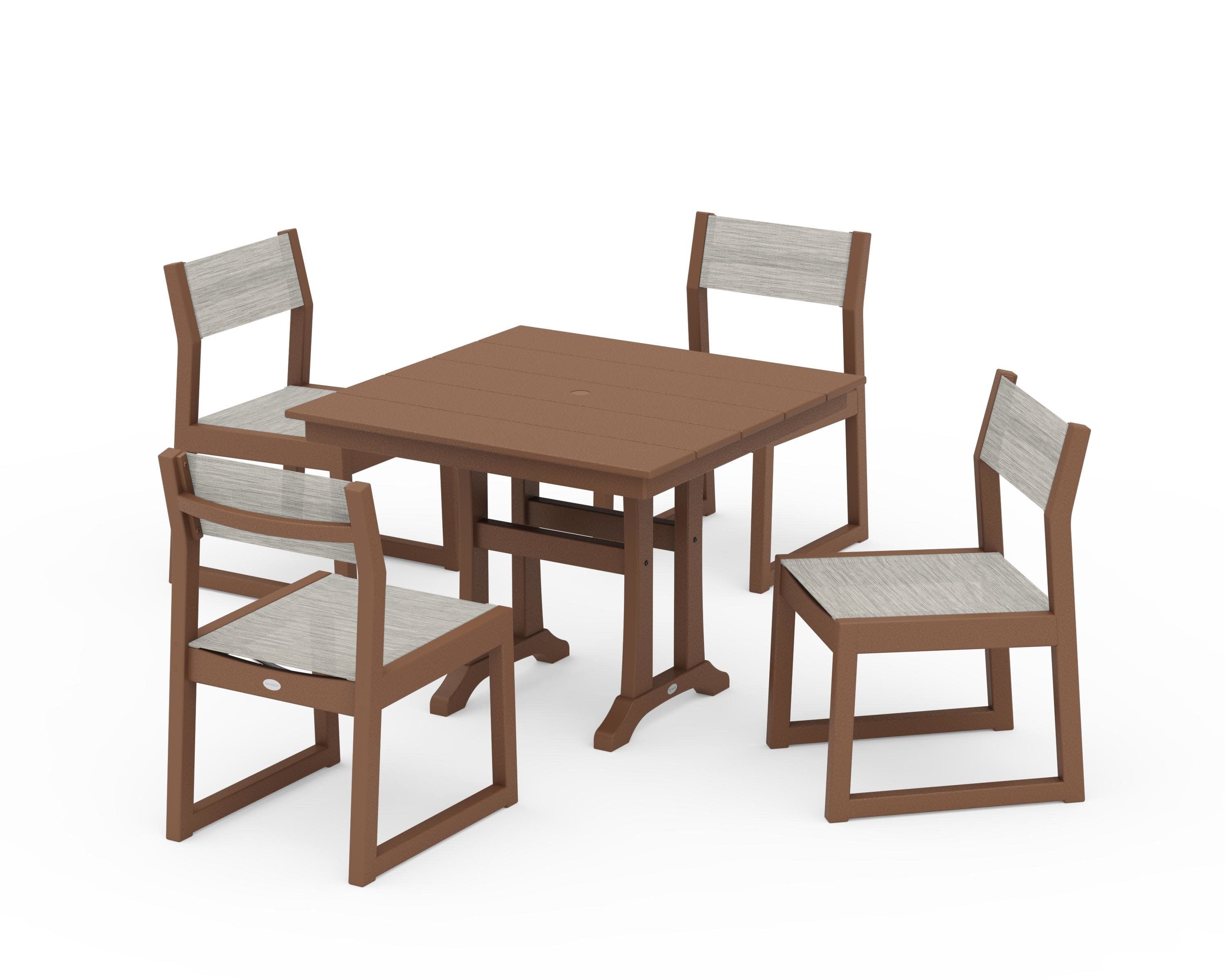 EDGE Sling 5-Piece Farmhouse Trestle Side Chair Dining Set in Teak / Birch Sling