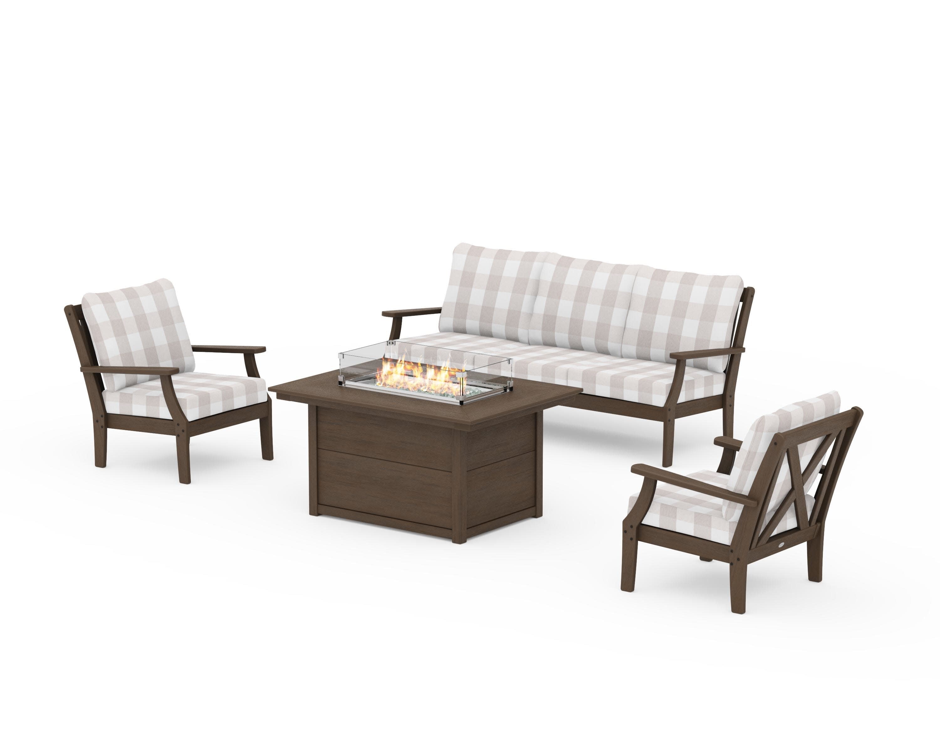 Braxton Deep Seating Fire Pit Table Set in Kona / Buffalo Plaid Dune Burlap