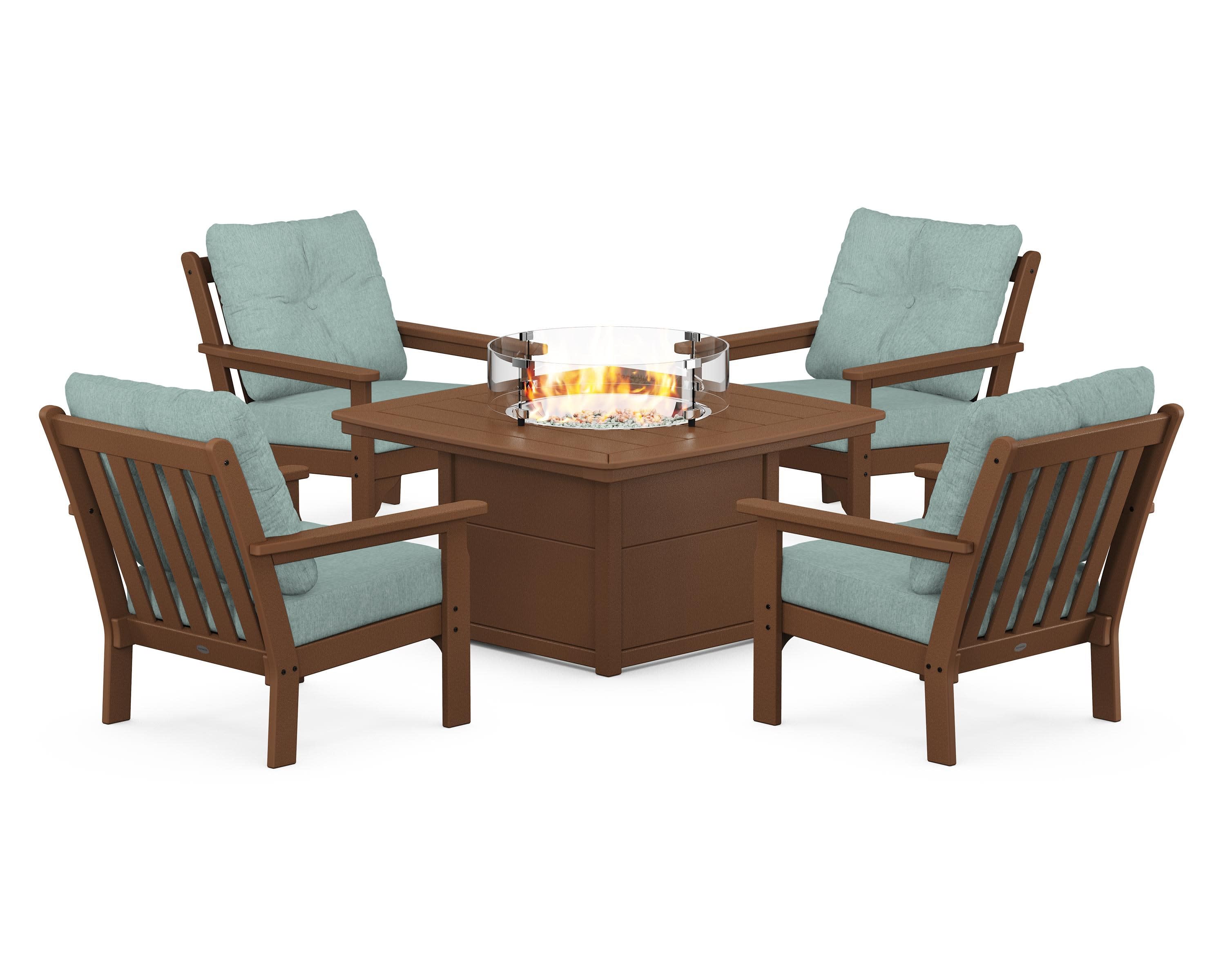 Vineyard 5-Piece Conversation Set with Fire Pit Table in Teak / Glacier Spa