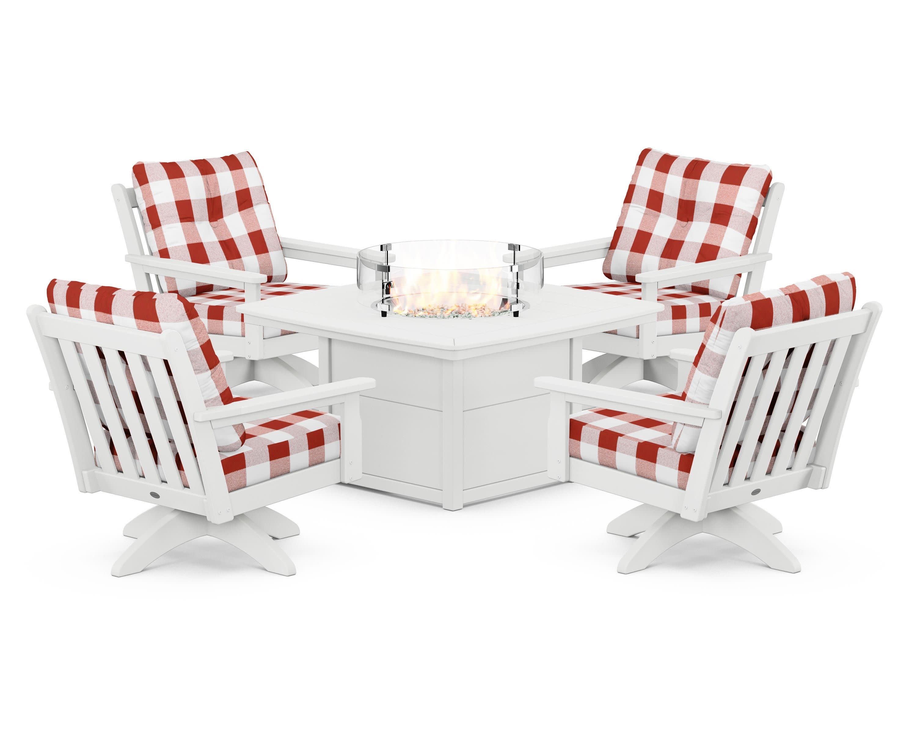 Vineyard 5-Piece Deep Seating Swivel Conversation Set with Fire Pit Table in White / Buffalo Plaid Crimson