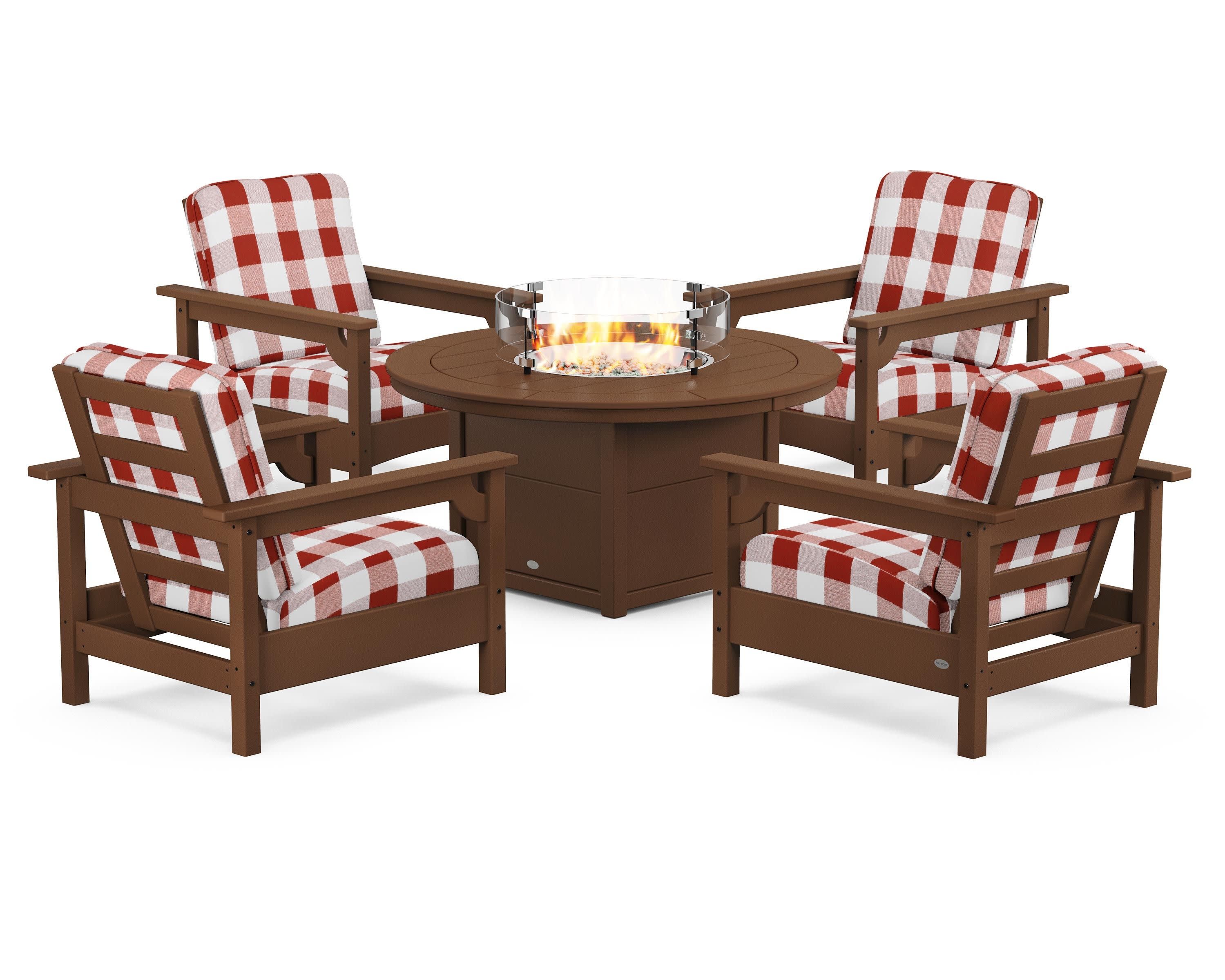 Club 5-Piece Conversation Set with Fire Pit Table in Teak / Buffalo Plaid Crimson