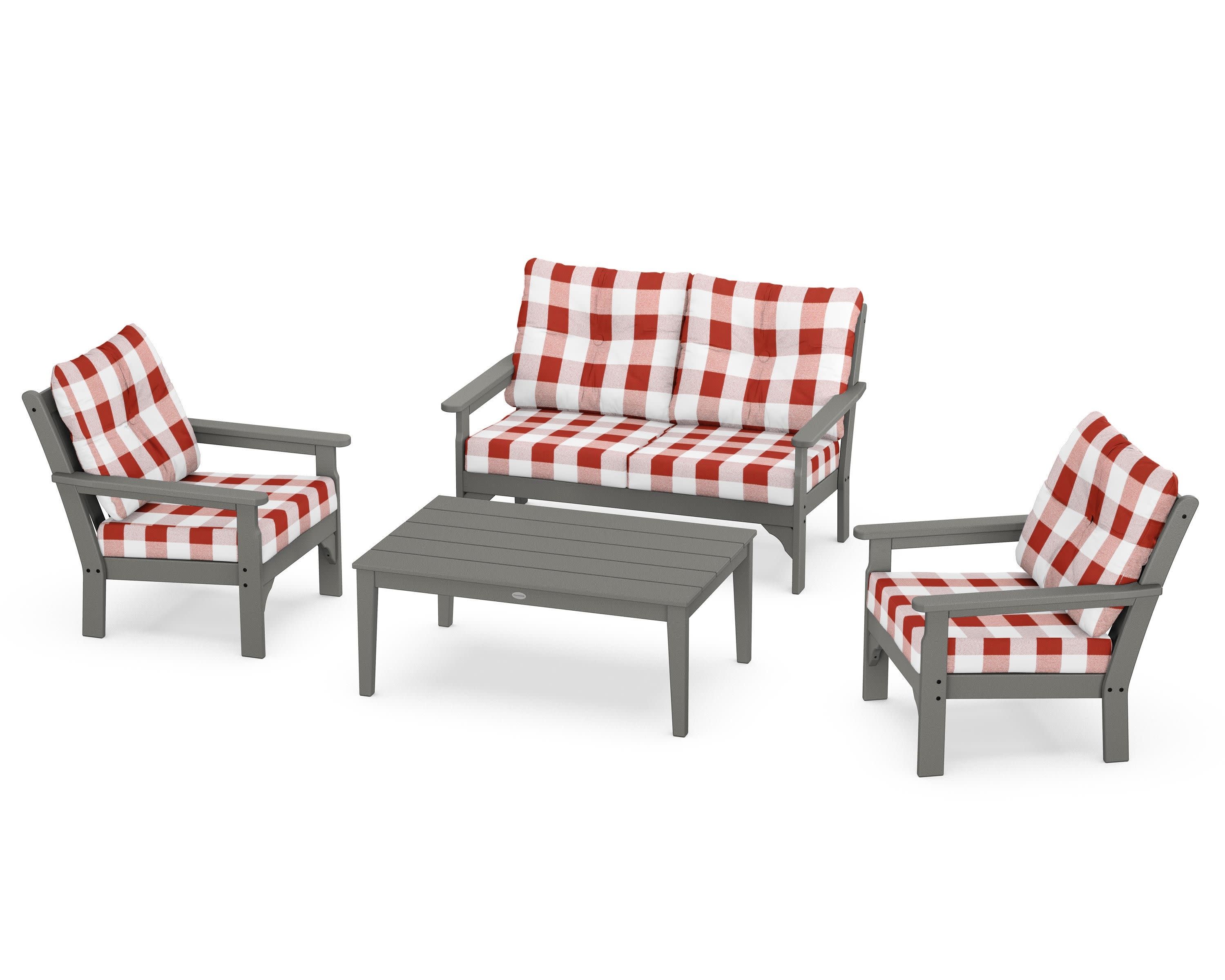 Vineyard 4-Piece Deep Seating Set in Slate Grey / Buffalo Plaid Crimson