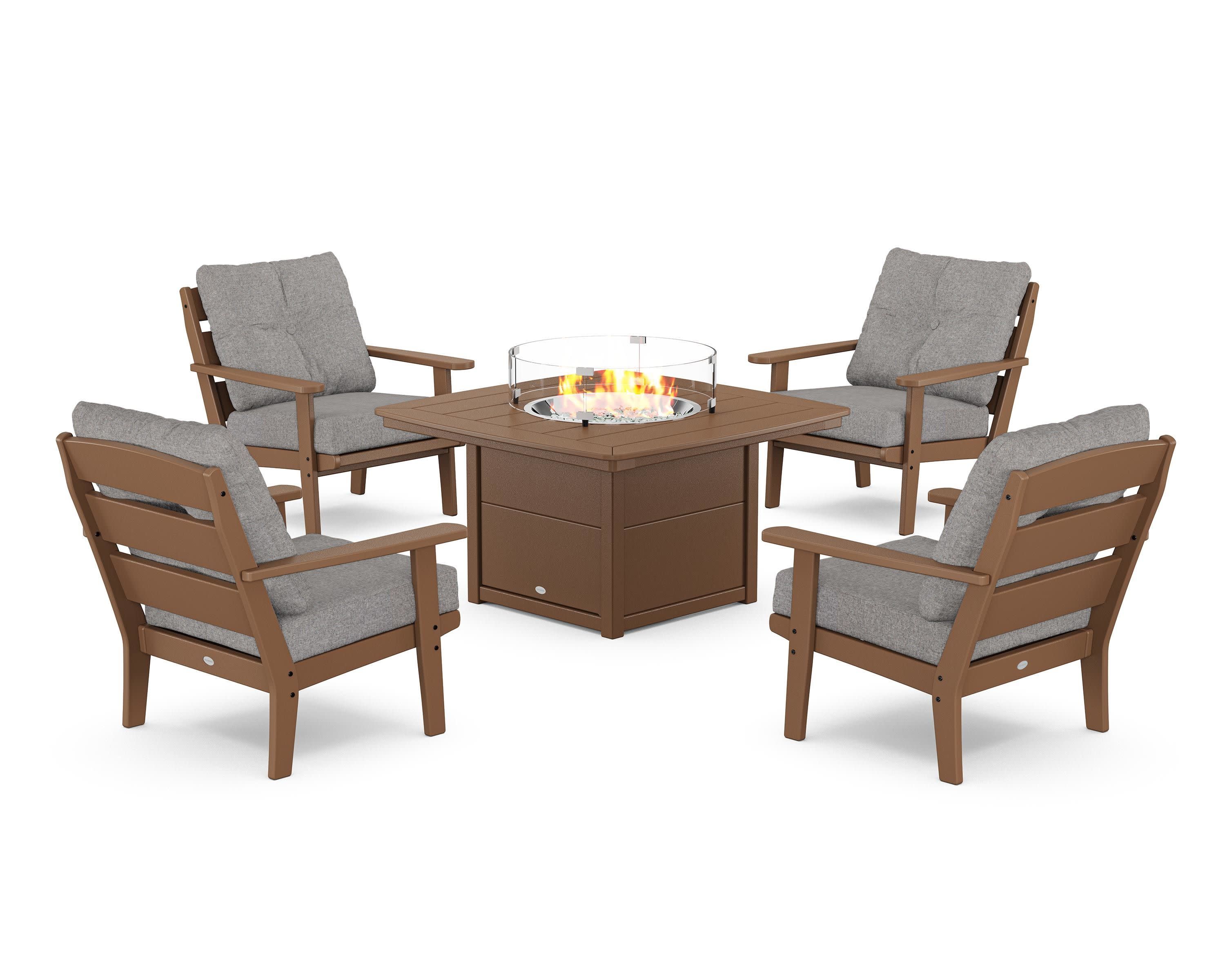 Lakeside 5-Piece Deep Seating Set with Nautical Fire Pit Table in Teak / Grey Mist