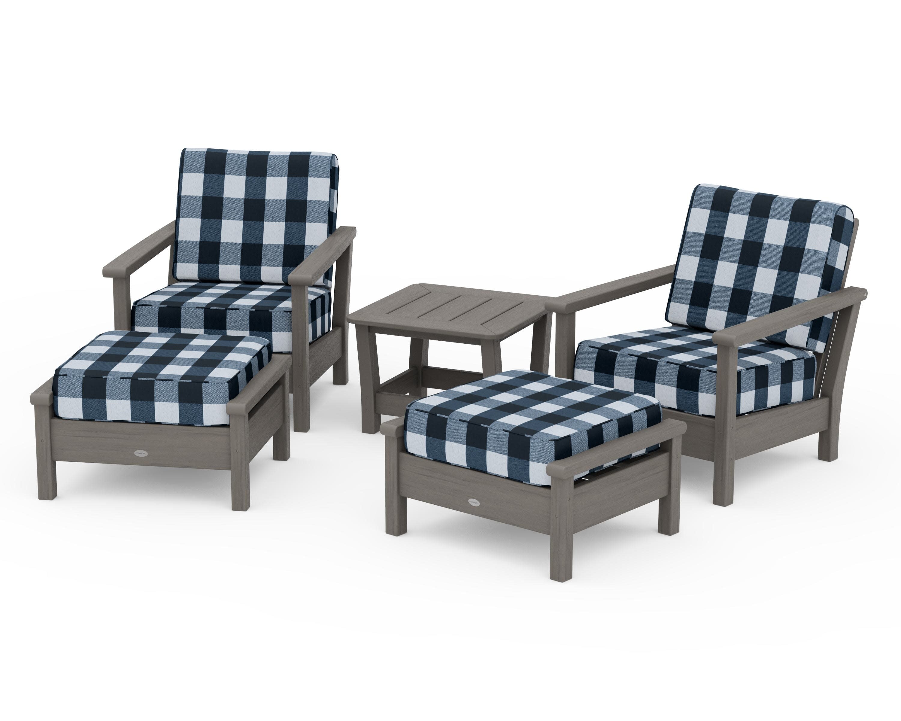 Harbour 5-Piece Deep Seating Chair Set in Driftwood / Buffalo Plaid Marine Indigo