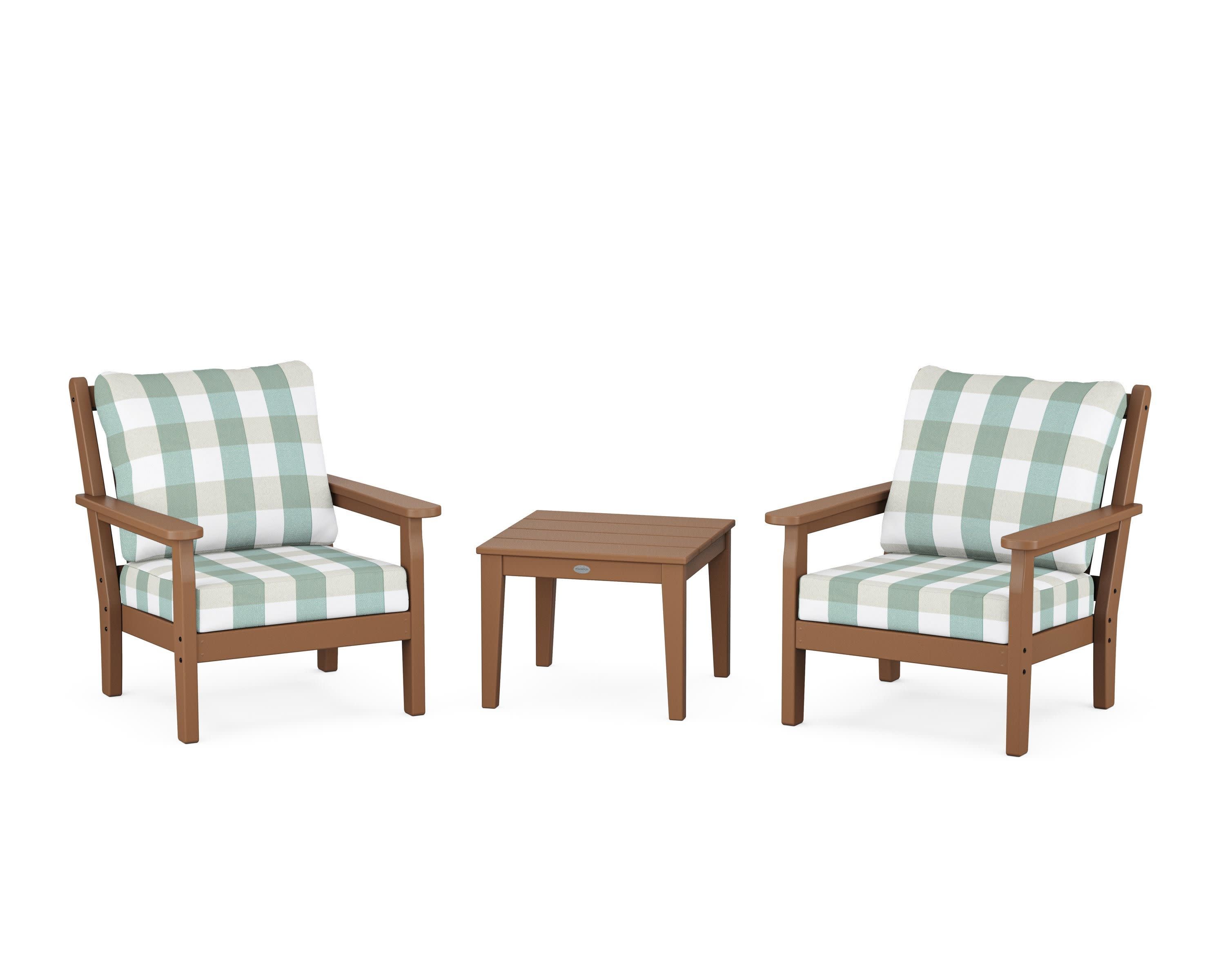 Chippendale 3-Piece Deep Seating Set in Teak / Buffalo Plaid Glacier Spa