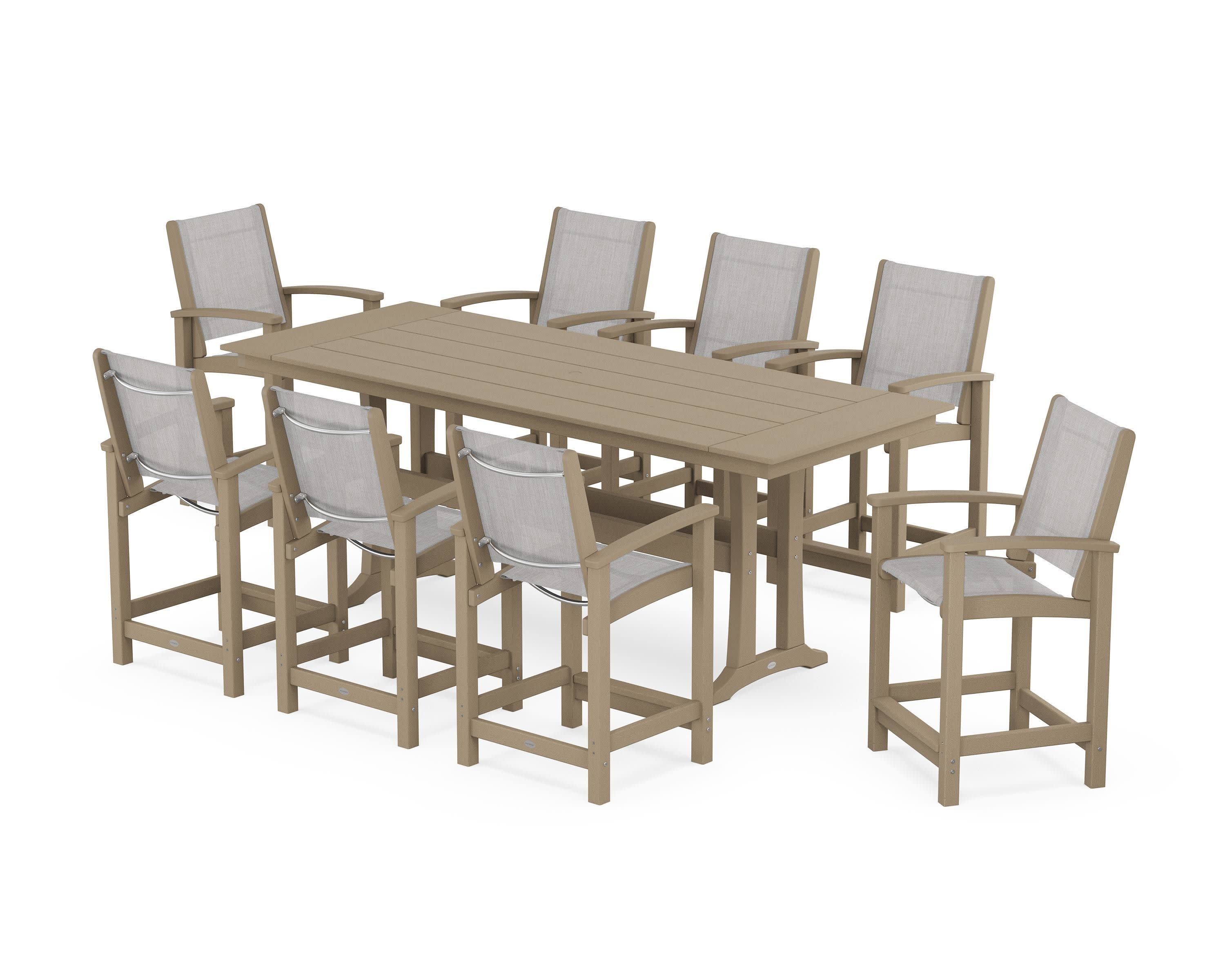 Coastal 9-Piece Farmhouse Counter Set with Trestle Legs in Vintage Sahara / Parchment Sling