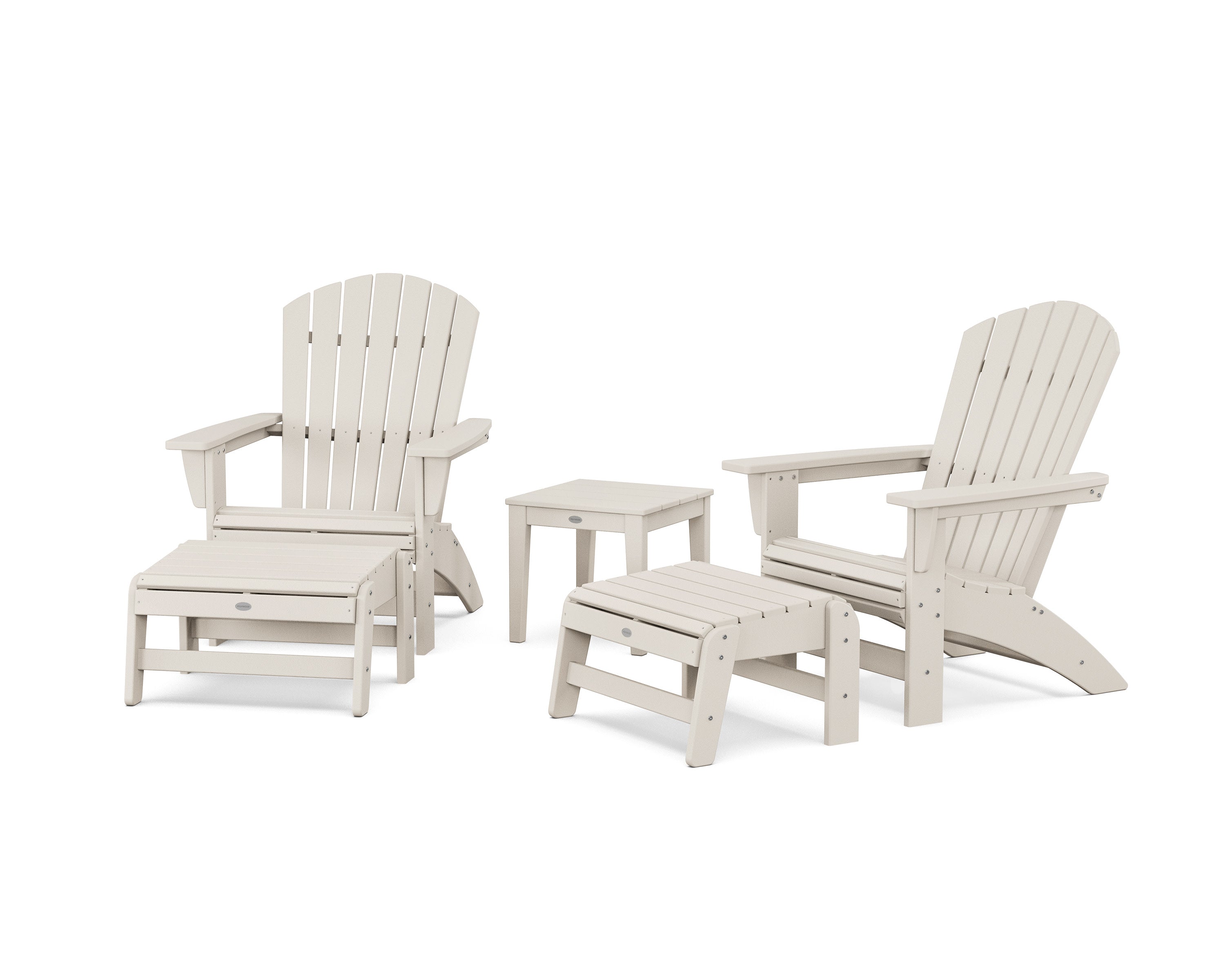 5-Piece Nautical Grand Adirondack Set with Ottomans and Side Table in Sand