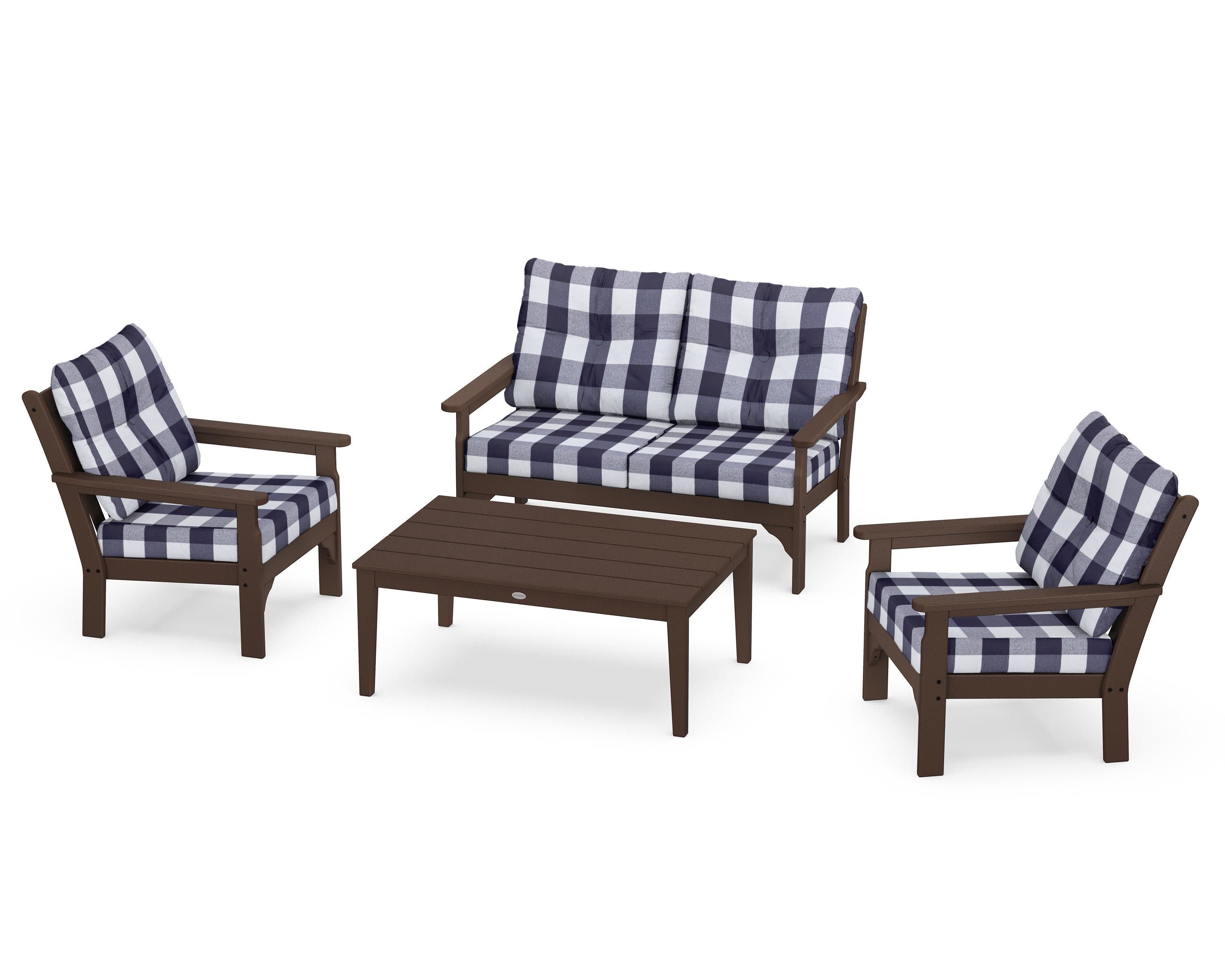 Vineyard 4-Piece Deep Seating Set in Mahogany / Buffalo Plaid Navy