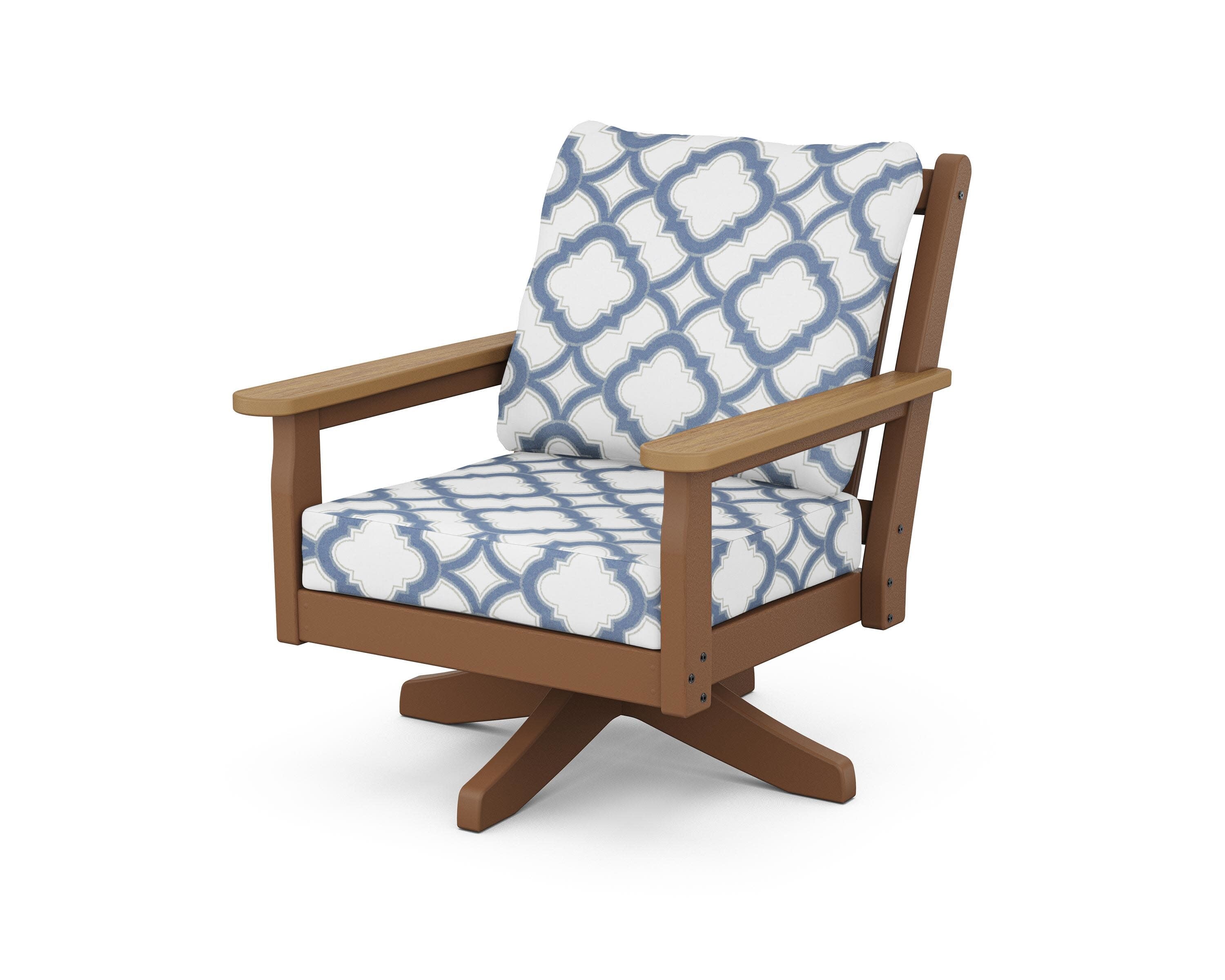 Chippendale Deep Seating Swivel Chair in Teak / Natural / Trellis Sky Blue