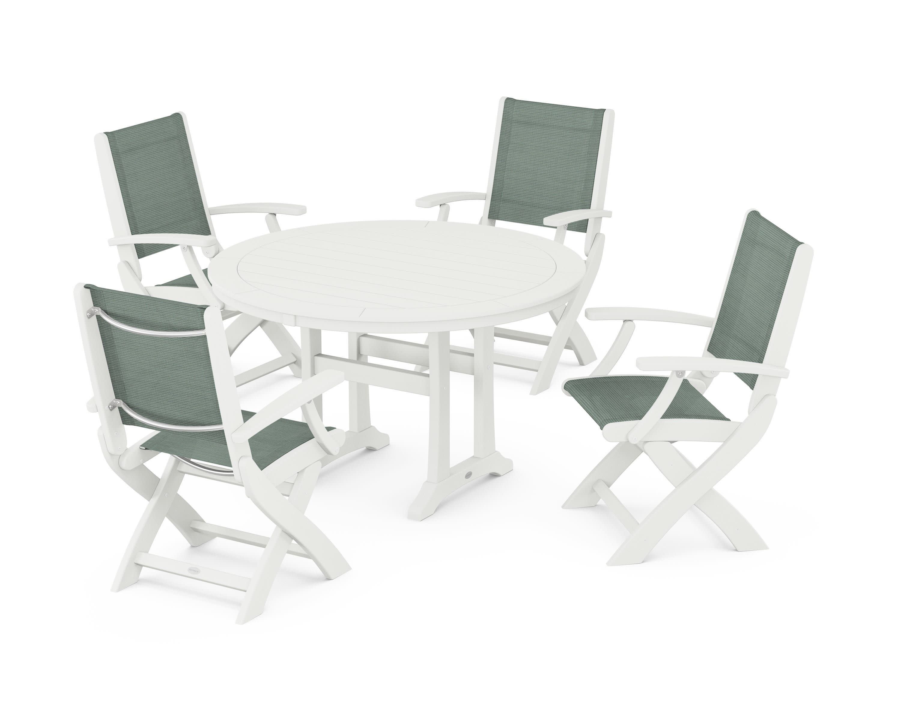 Coastal Folding Chair 5-Piece Round Dining Set with Trestle Legs in Vintage White / Dupioni Sea Mist Sling