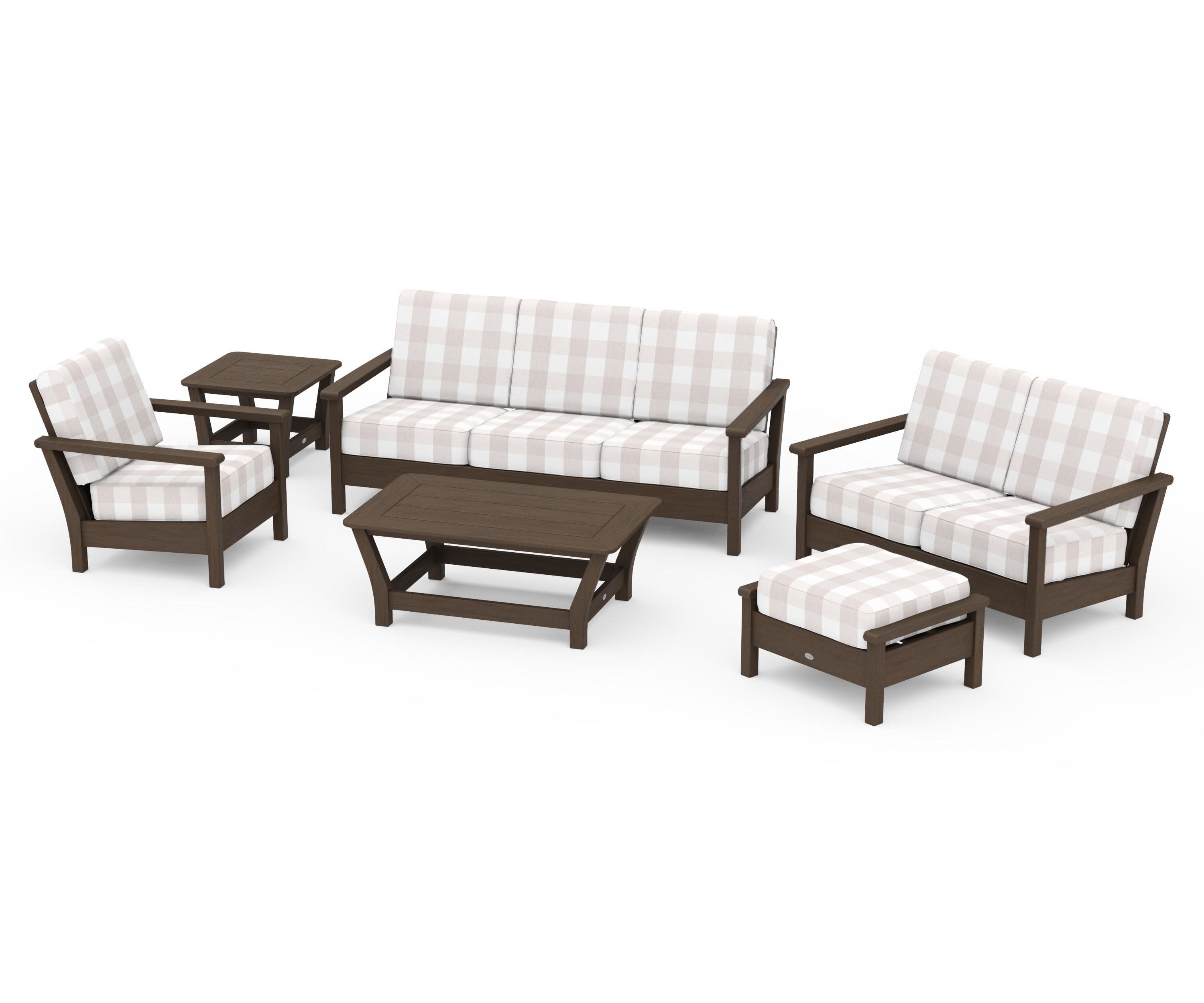 Harbour 6-Piece Outdoor Living Set in Kona / Buffalo Plaid Dune Burlap