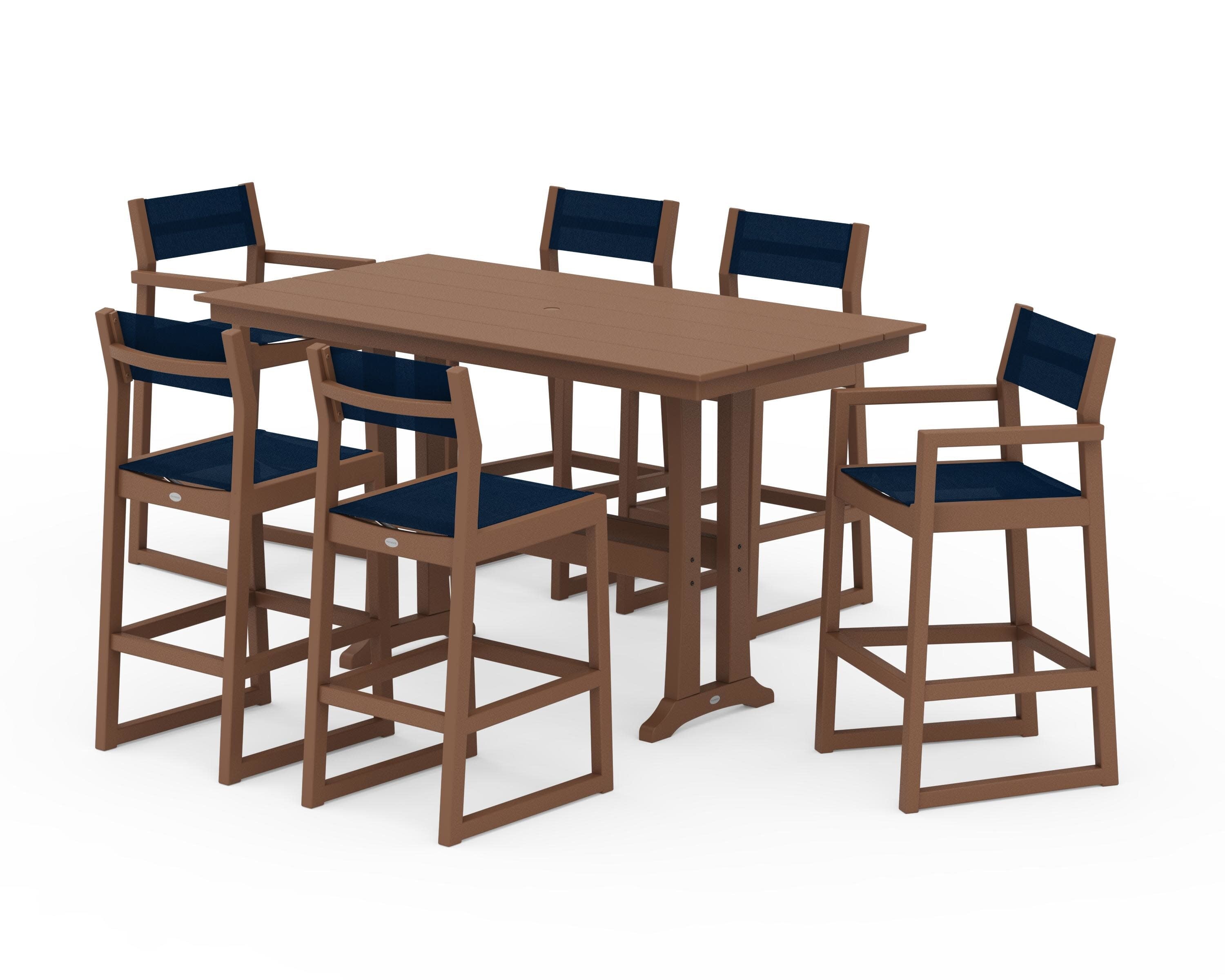 EDGE Sling 7-Piece Farmhouse Bar Set with Trestle Legs in Teak / Navy Blue Sling