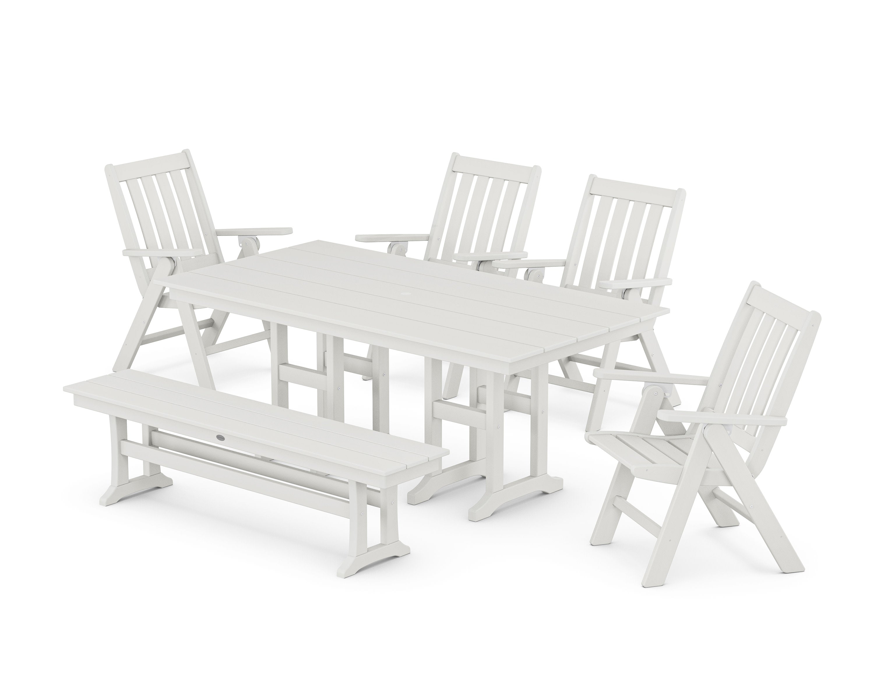 Vineyard Folding Chair 6-Piece Farmhouse Dining Set with Bench in Vintage White