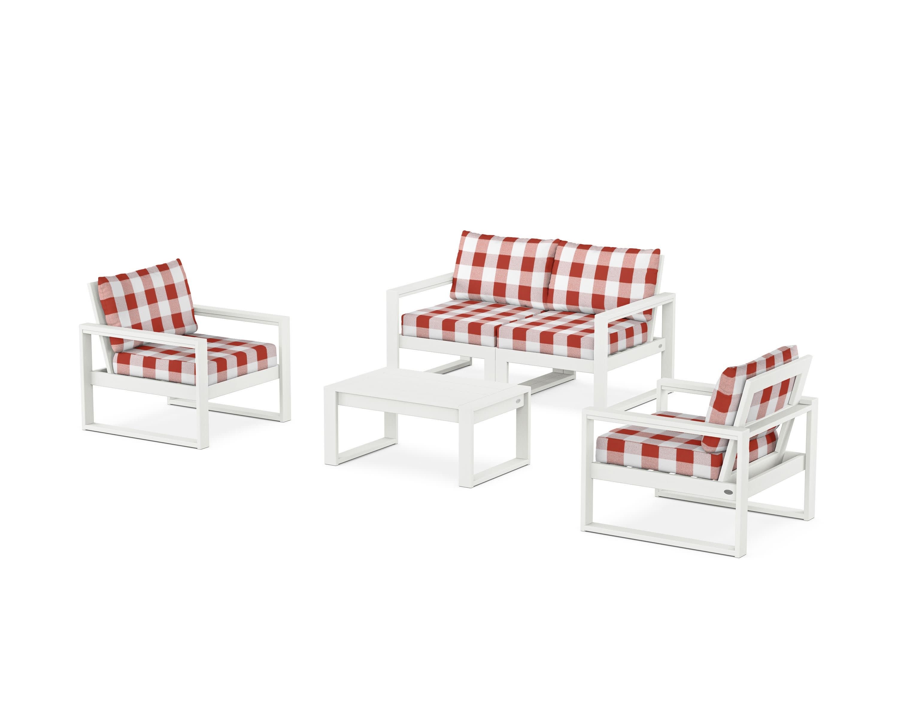 EDGE Sectional 4-Piece Deep Seating Set with Loveseat in Vintage White / Buffalo Plaid Crimson