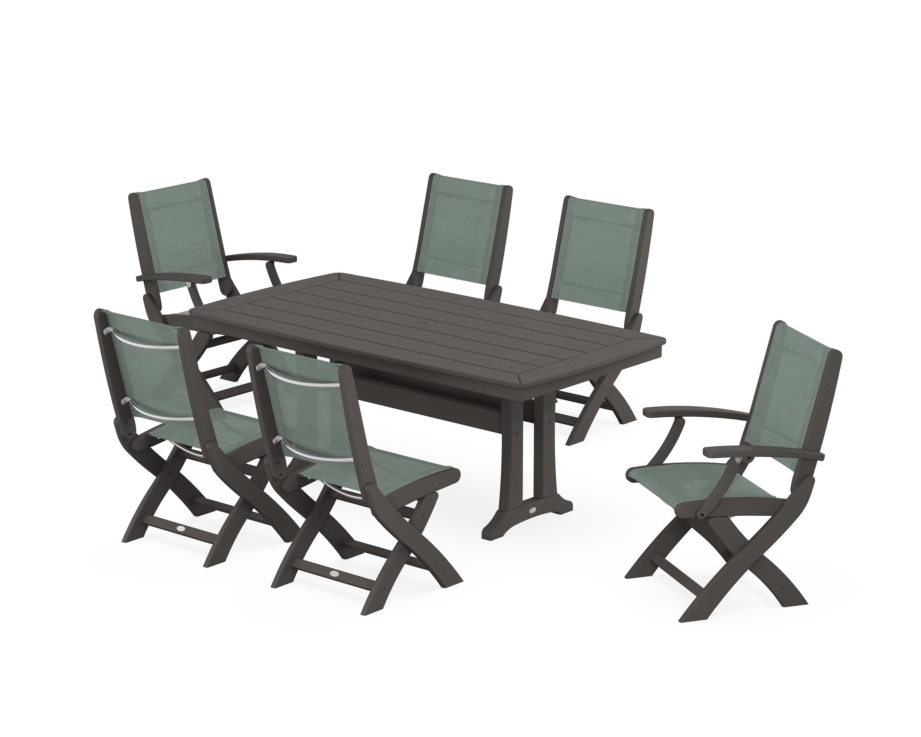 Coastal Folding Chair 7-Piece Dining Set with Trestle Legs in Vintage Coffee / Dupioni Sea Mist Sling
