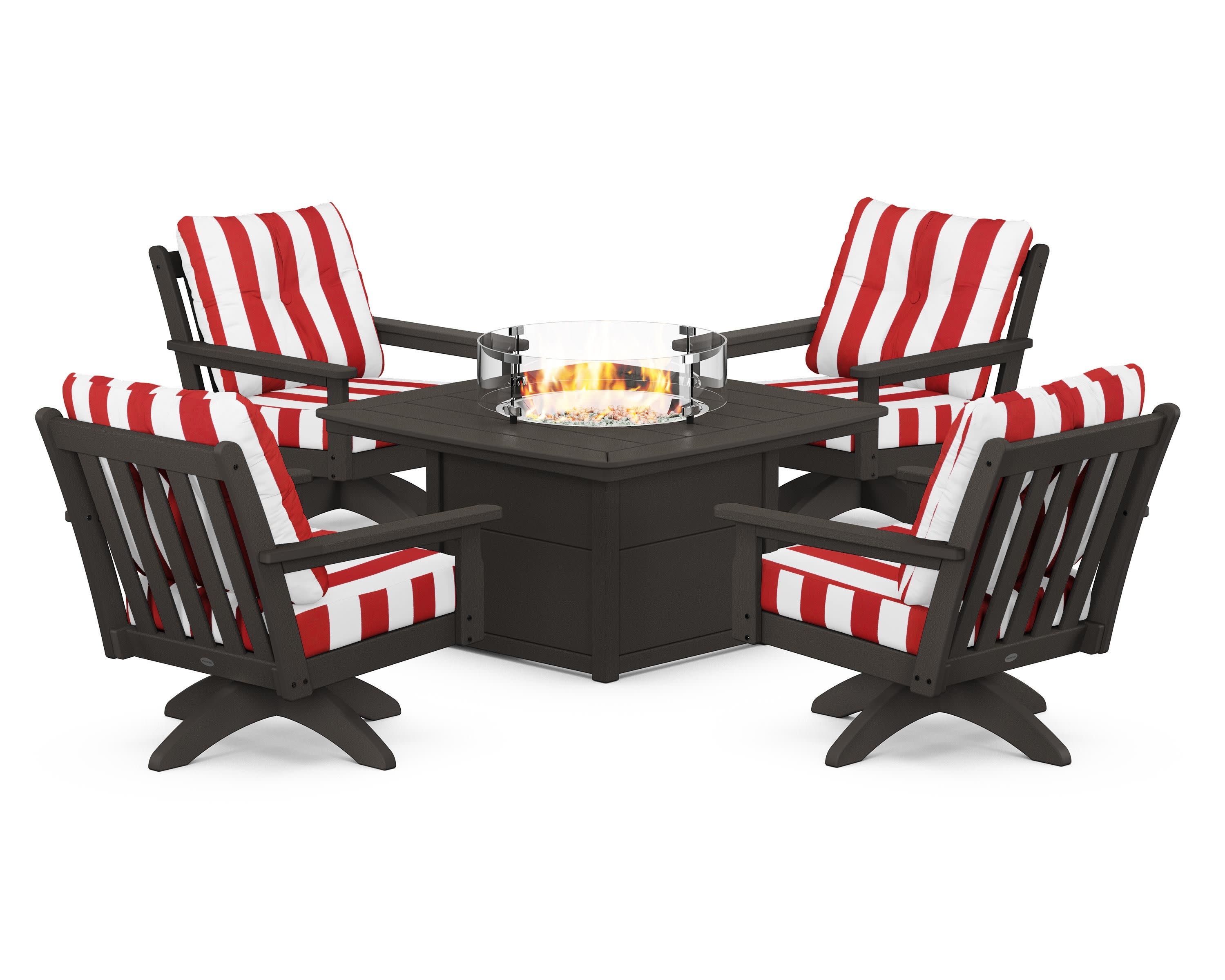 Vineyard 5-Piece Deep Seating Swivel Conversation Set with Fire Pit Table in Vintage Coffee / Cabana Stripe Crimson