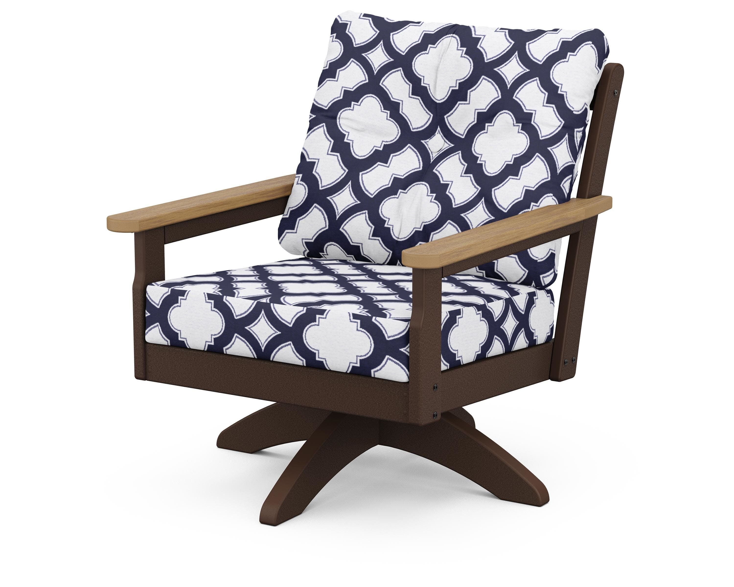 Vineyard Deep Seating Swivel Chair in Mahogany / Natural / Trellis Navy