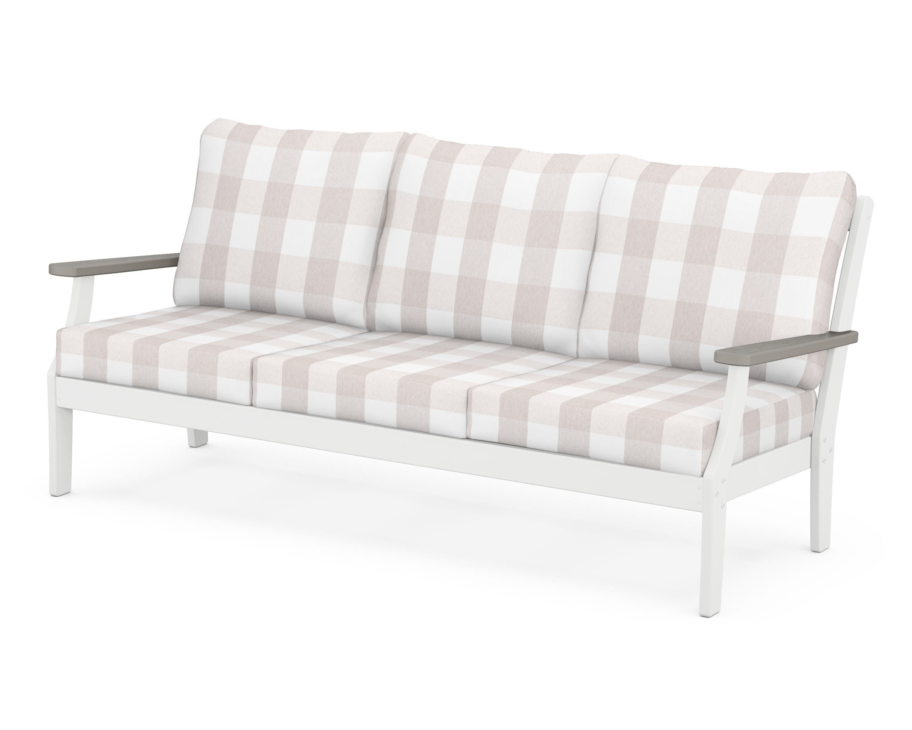 Braxton Deep Seating Sofa in White / Driftwood / Buffalo Plaid Dune Burlap