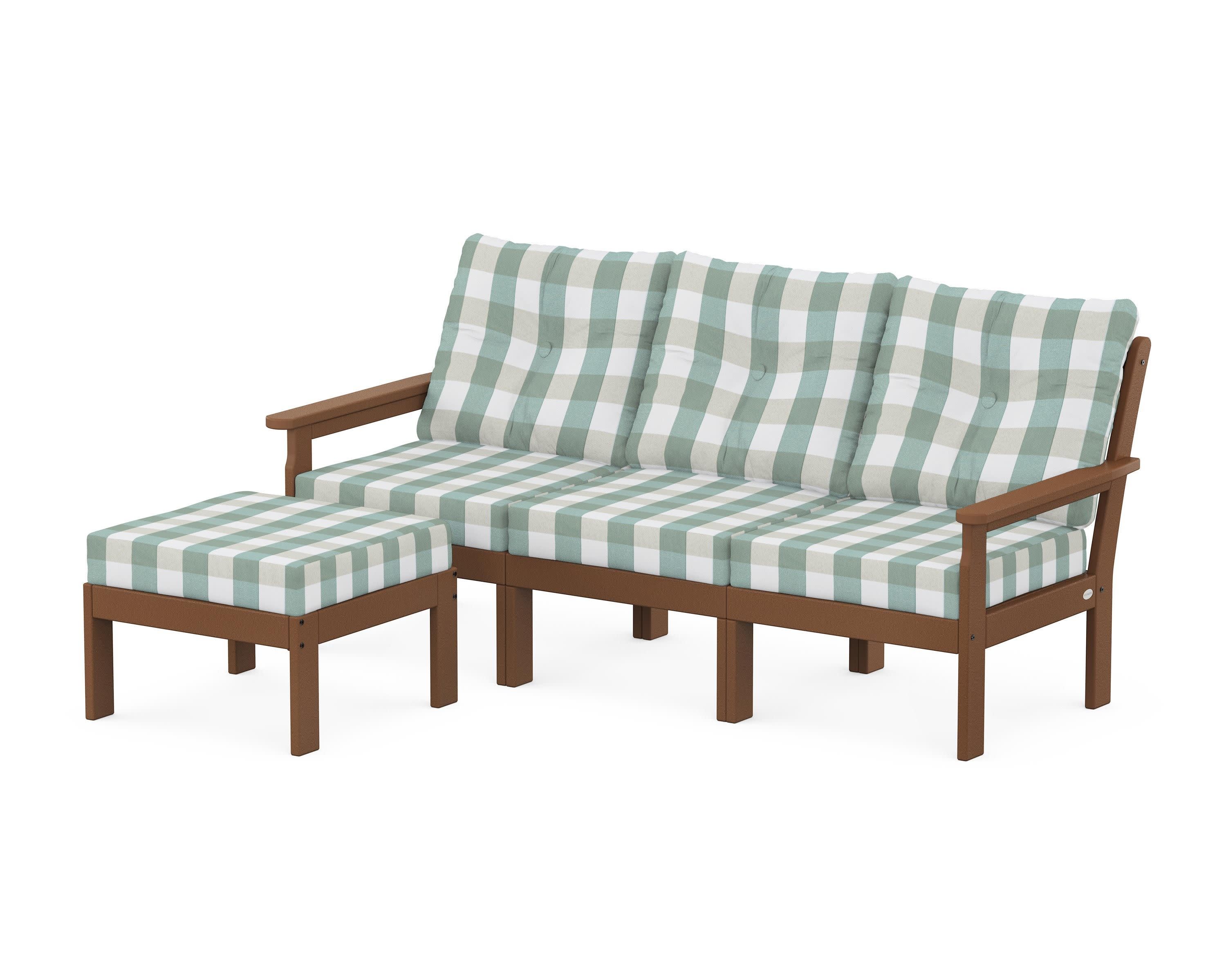 Vineyard 4-Piece Sectional with Ottoman in Teak / Buffalo Plaid Glacier Spa