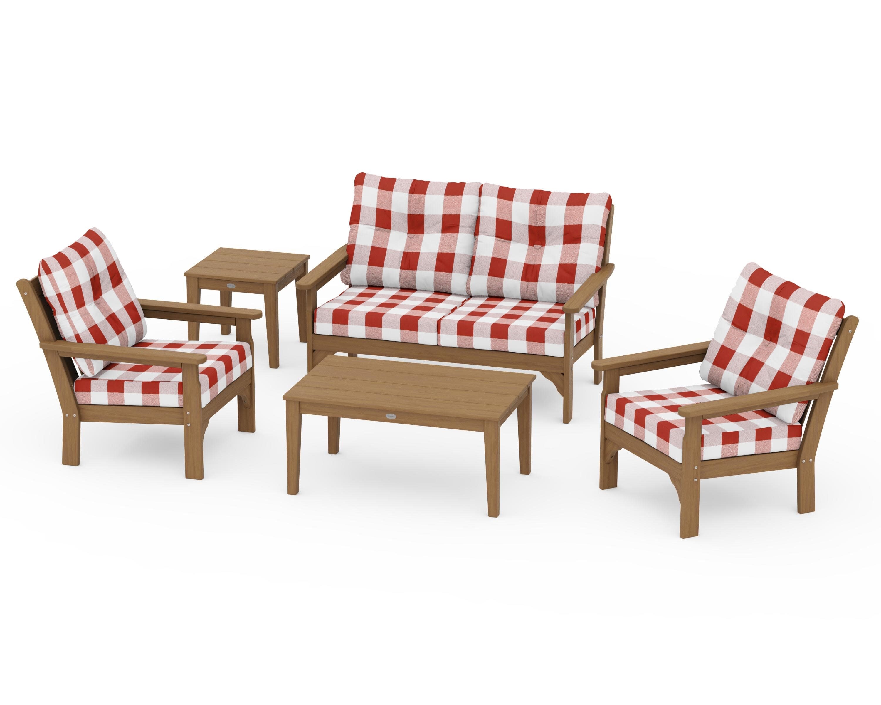 Vineyard 5-Piece Deep Seating Set in Natural / Buffalo Plaid Crimson