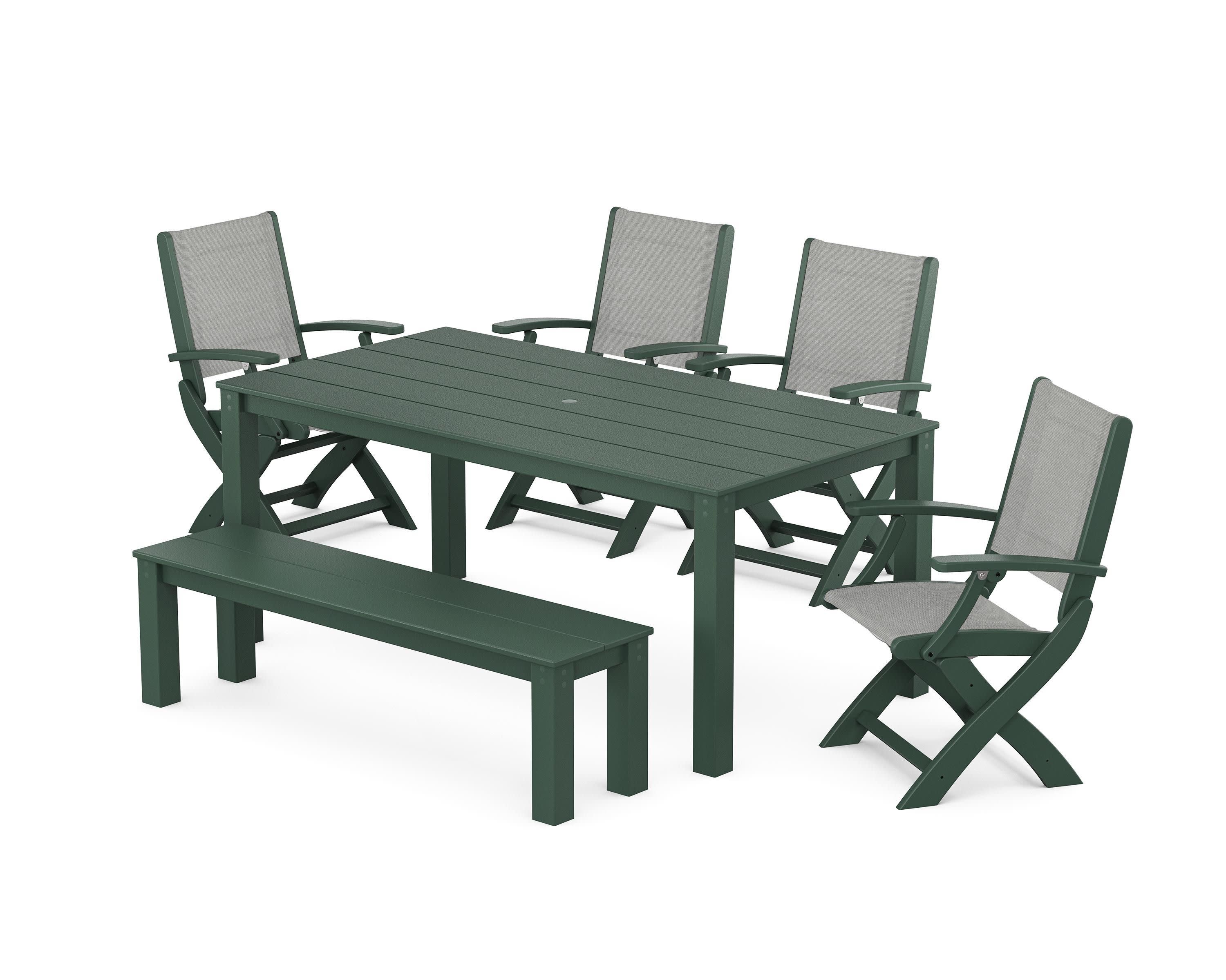 Coastal Folding Chair 6-Piece Parsons Dining Set with Bench in Green / Metallic Sling