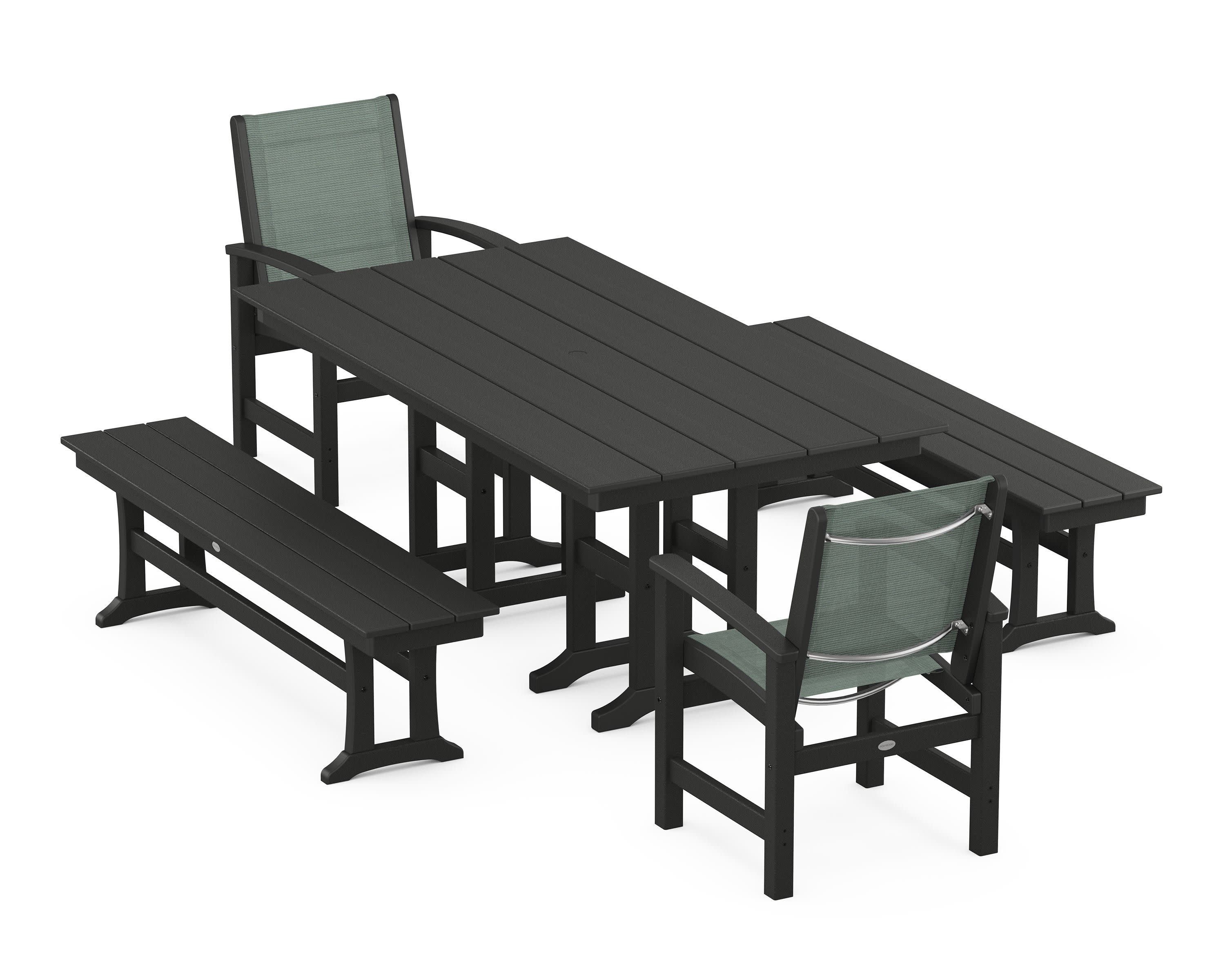 Coastal 5-Piece Farmhouse Dining Set in Black / Dupioni Sea Mist Sling