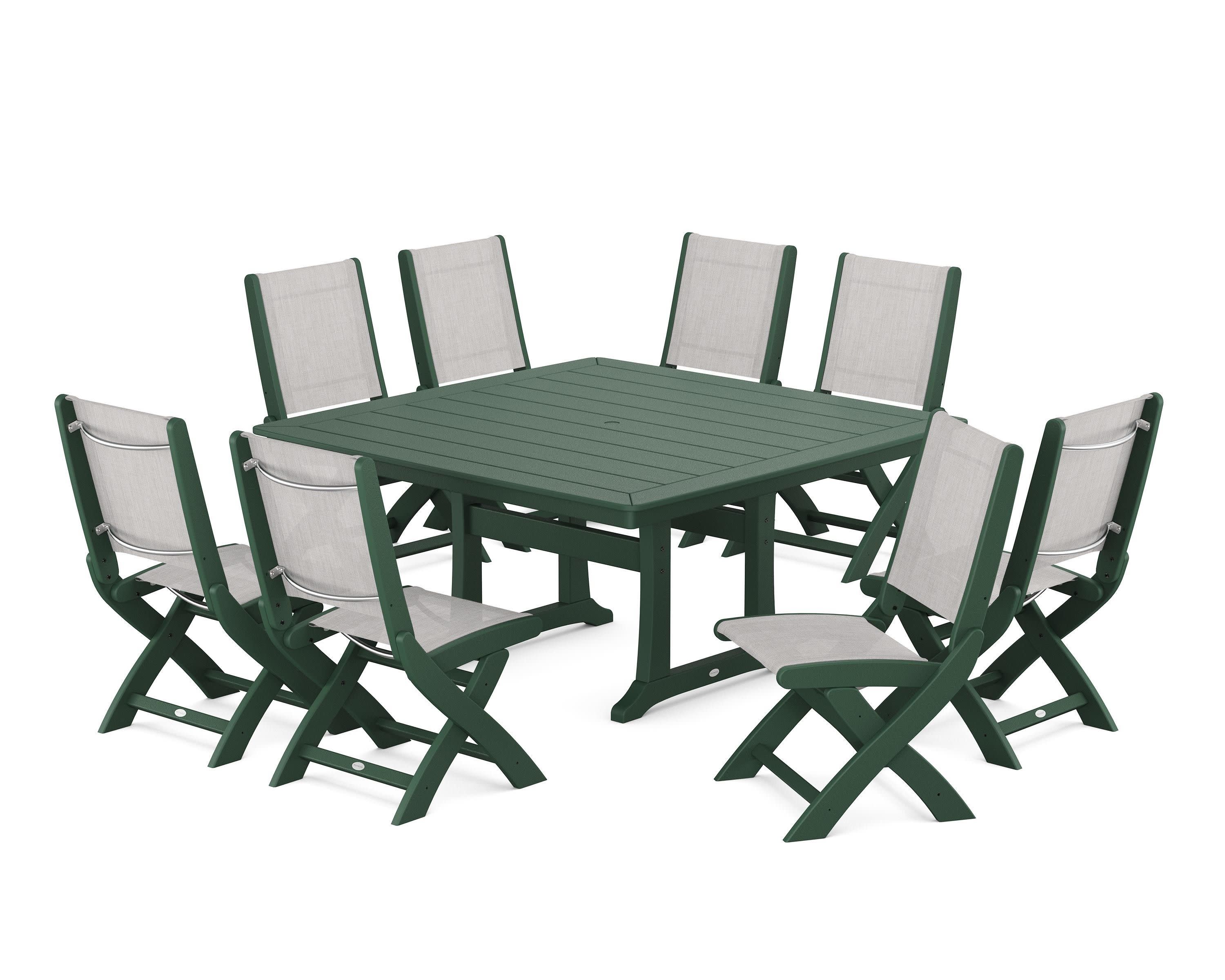Coastal Folding Side Chair 9-Piece Dining Set with Trestle Legs in Green / Parchment Sling