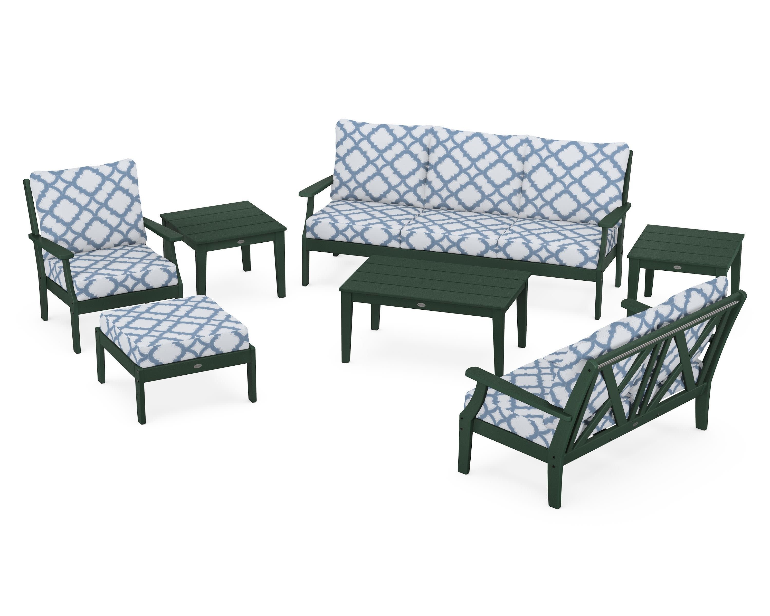 Braxton 7-Piece Deep Seating Set in Green / Trellis Sky Blue