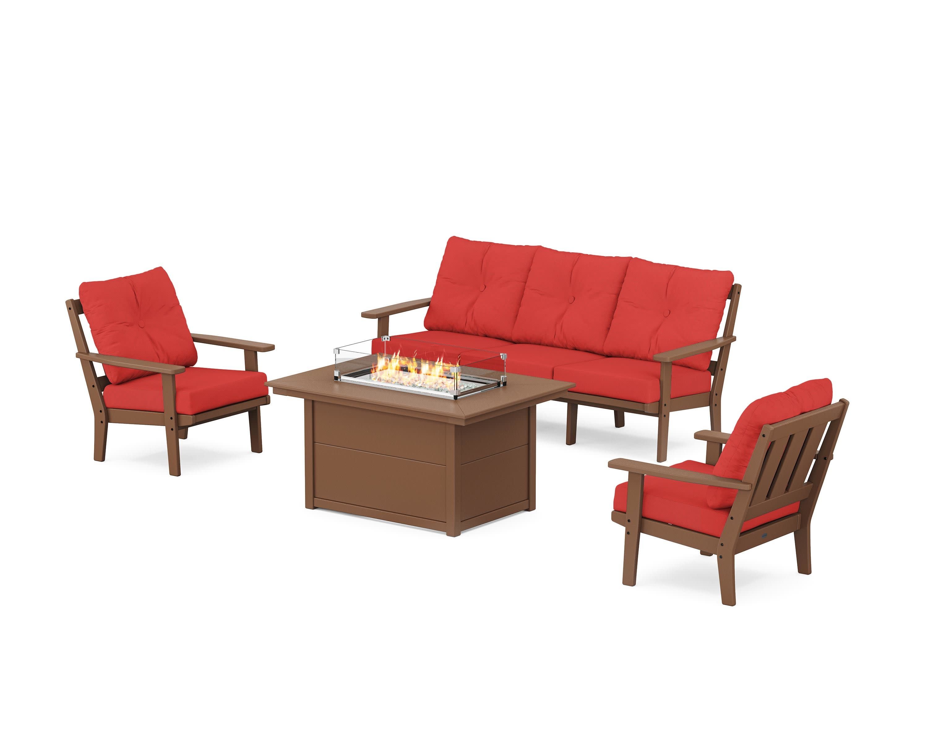Oxford Deep Seating Fire Pit Table Set in Teak / Crimson Linen
