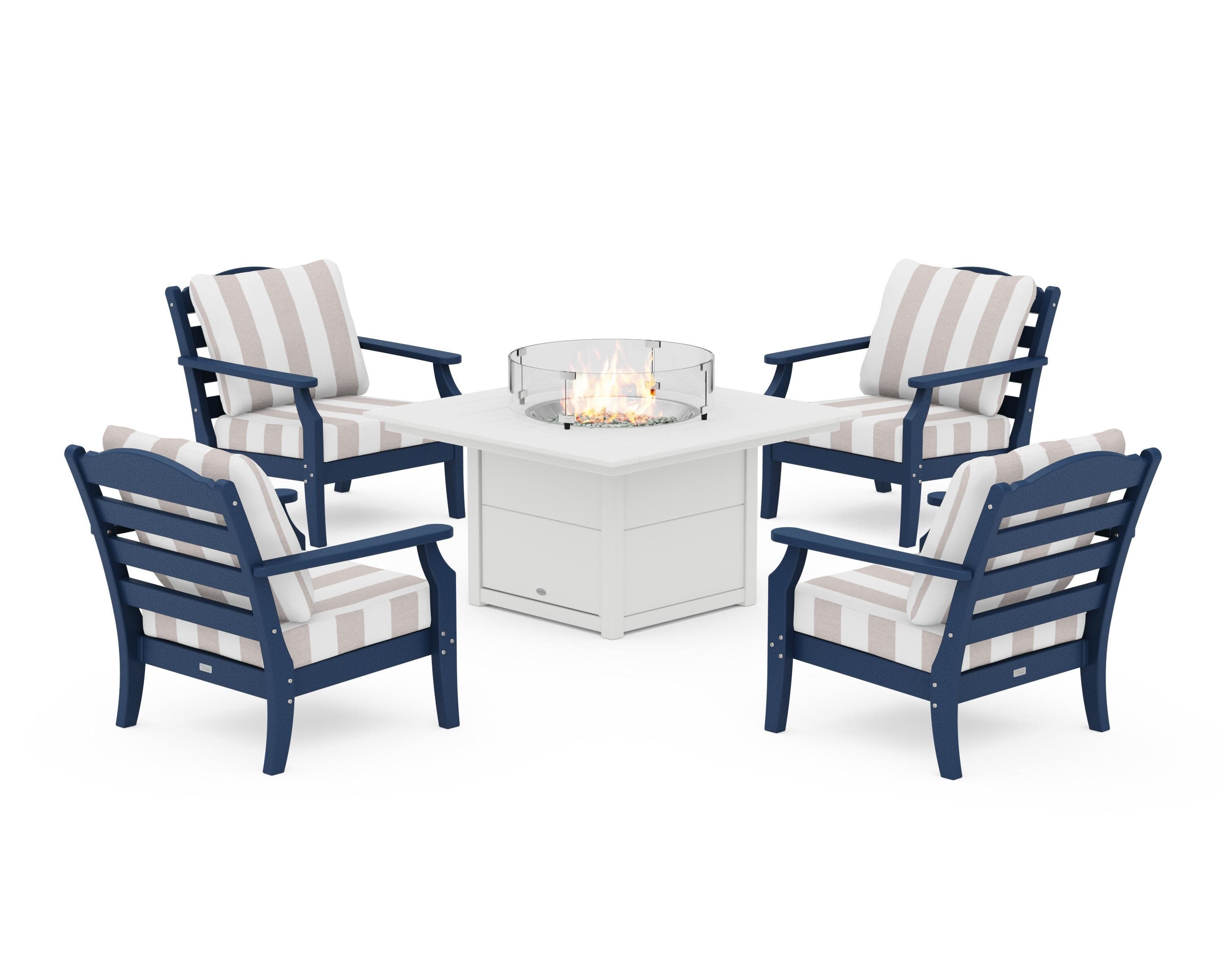 Savannah 5-Piece Deep Seating Set with Fire Pit Table in Navy / Cabana Stripe Dune Burlap