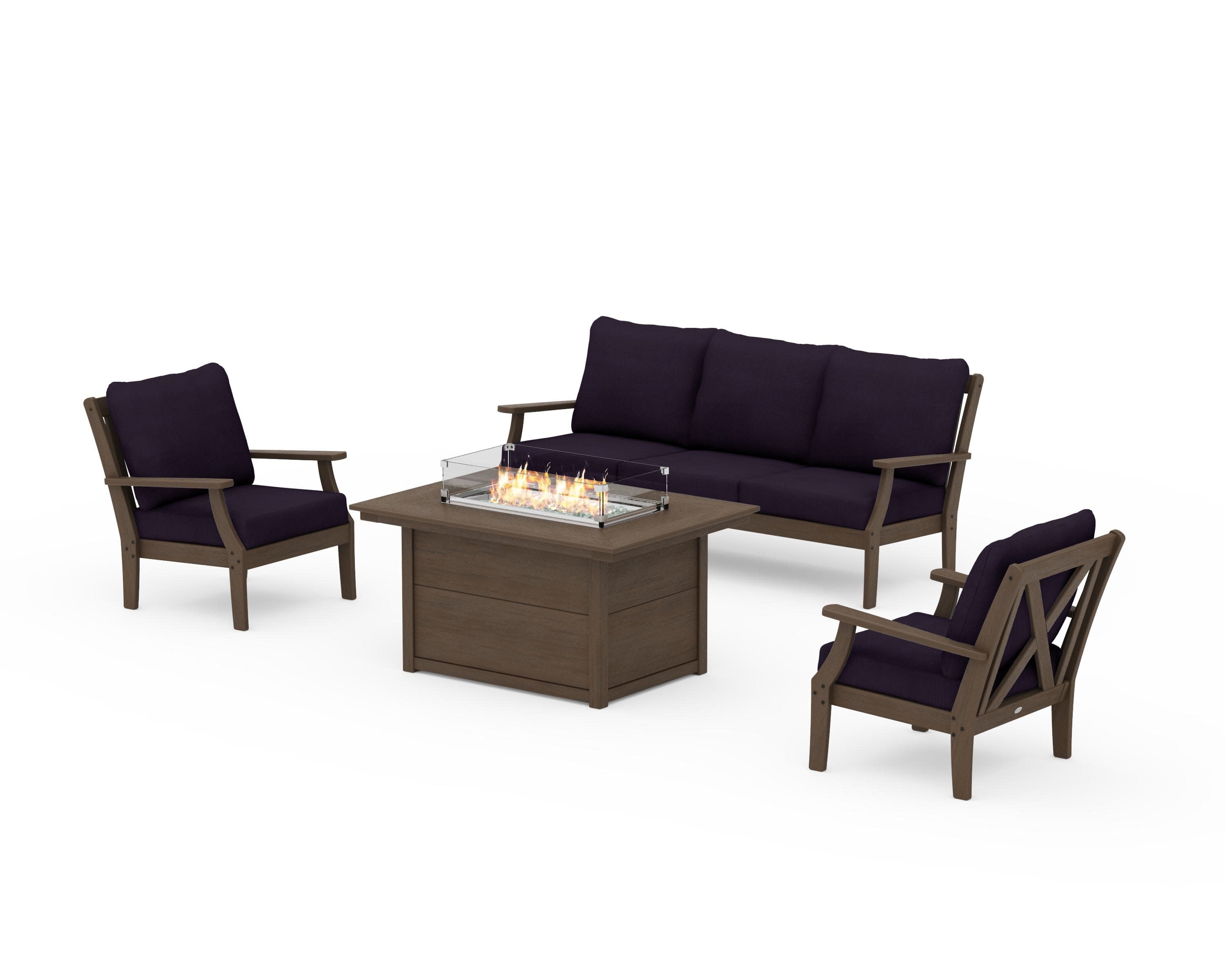 Braxton Deep Seating Fire Pit Table Set in Kona / Navy Linen